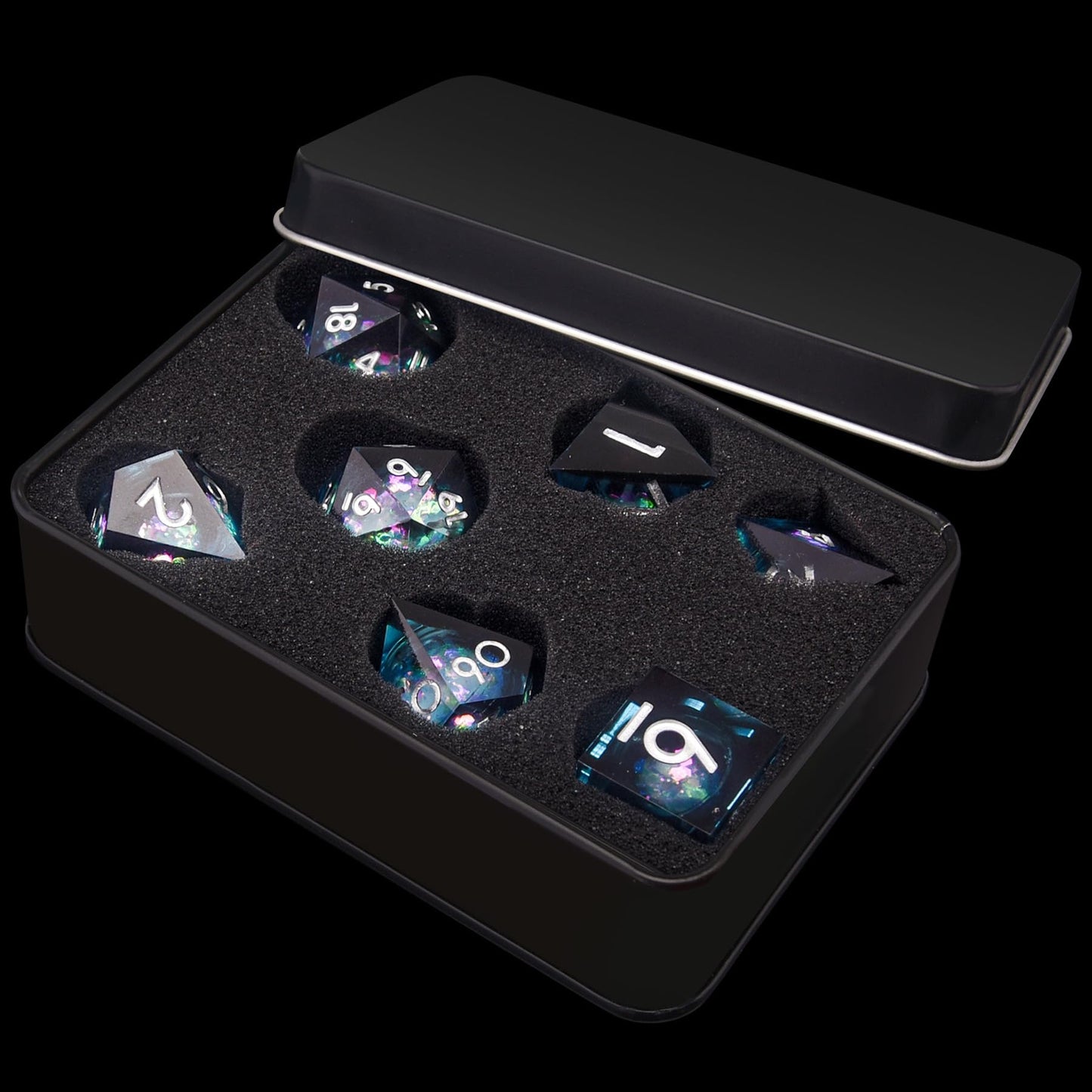 AUSTOR Liquid Core DND Dice Set – 7 Die Sharp Edge Resin Dice with Quicksand Visuals (Blue & Black)