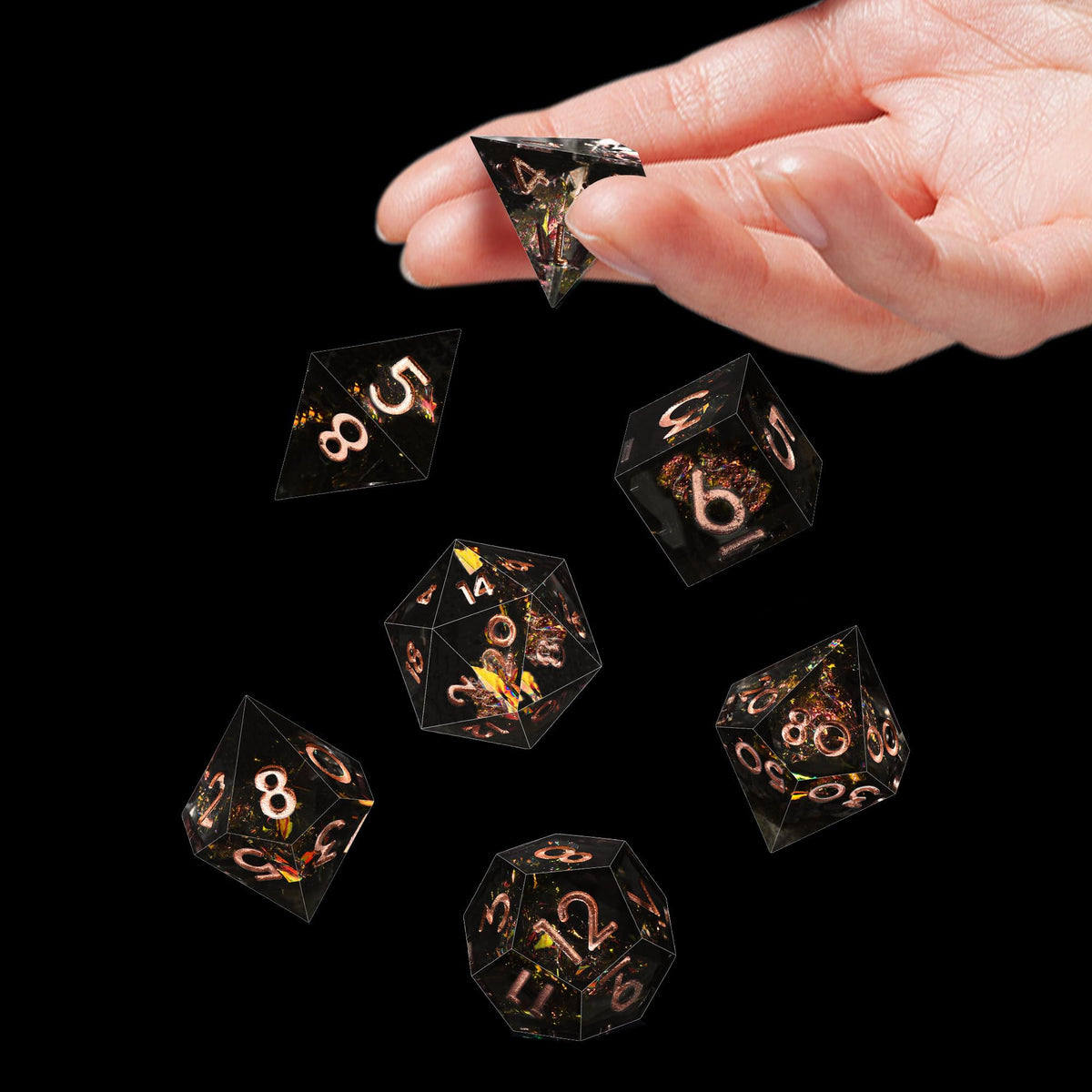 AUSTOR 7-Die DND Dice Set – Sharp Edge Resin Polyhedral Dice for D&D, MTG (Black & Red, Copper)