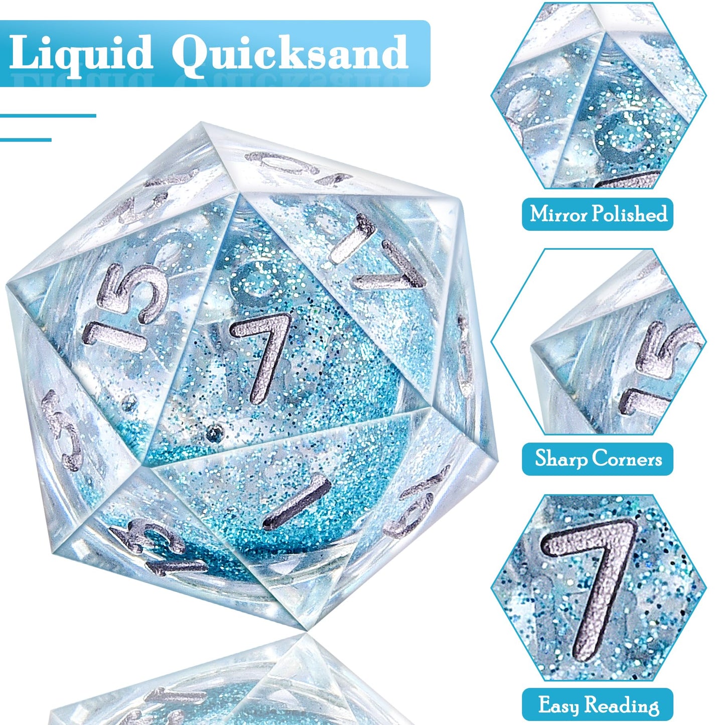 AUSTOR 7-Die Sharp Edge DND Dice Set – Liquid Quicksand Light Blue Resin Polyhedral Dice