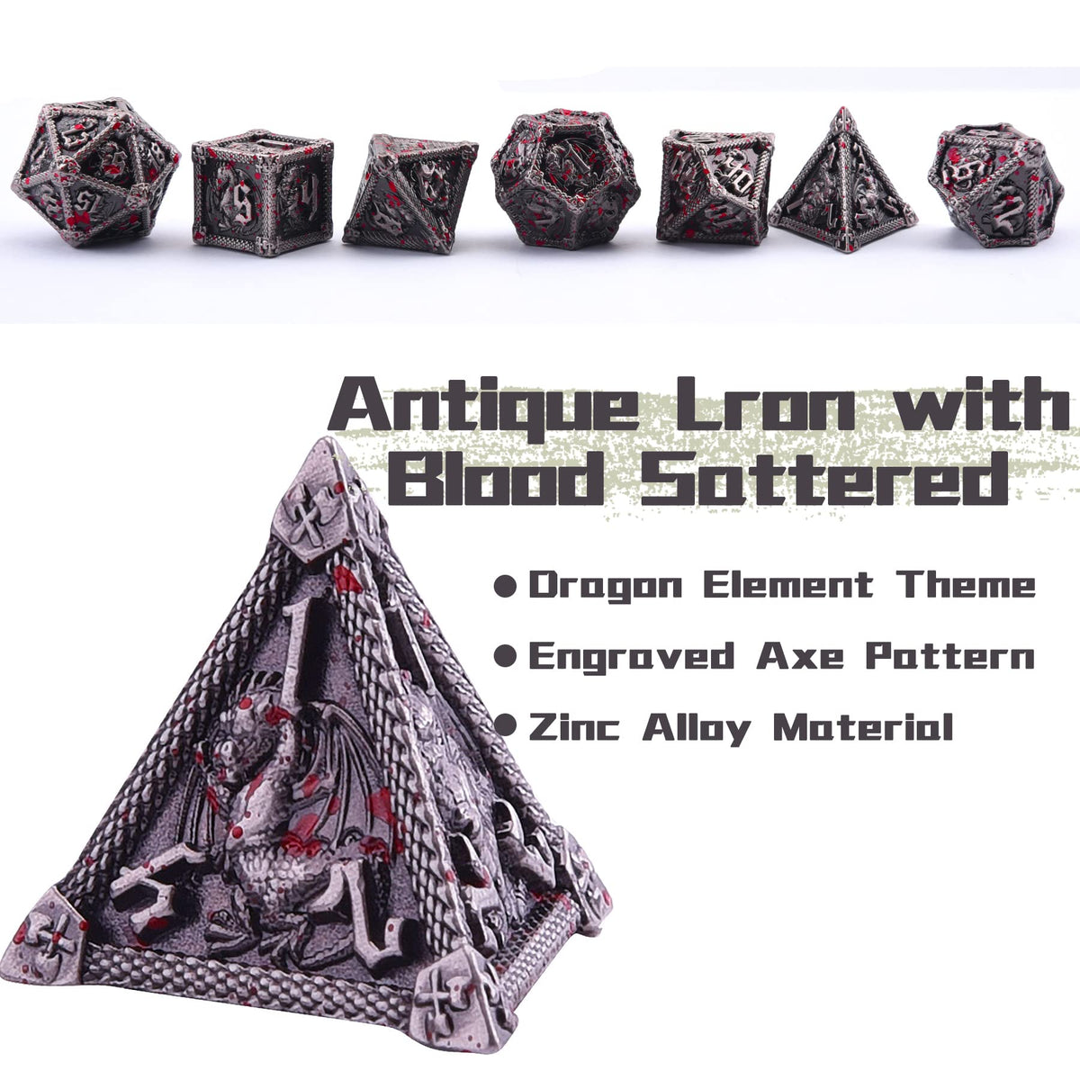 AUSTOR 7-Die Metal DND Dice Set with Box – Dragon-Themed Zinc Alloy RPG Dice