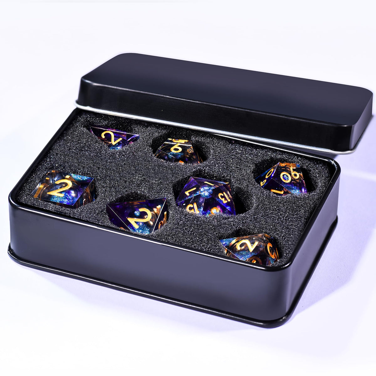 AUSTOR Liquid Core DND Dice Set – 7-Piece Sharp Edge Resin Dice, Violet & Blue