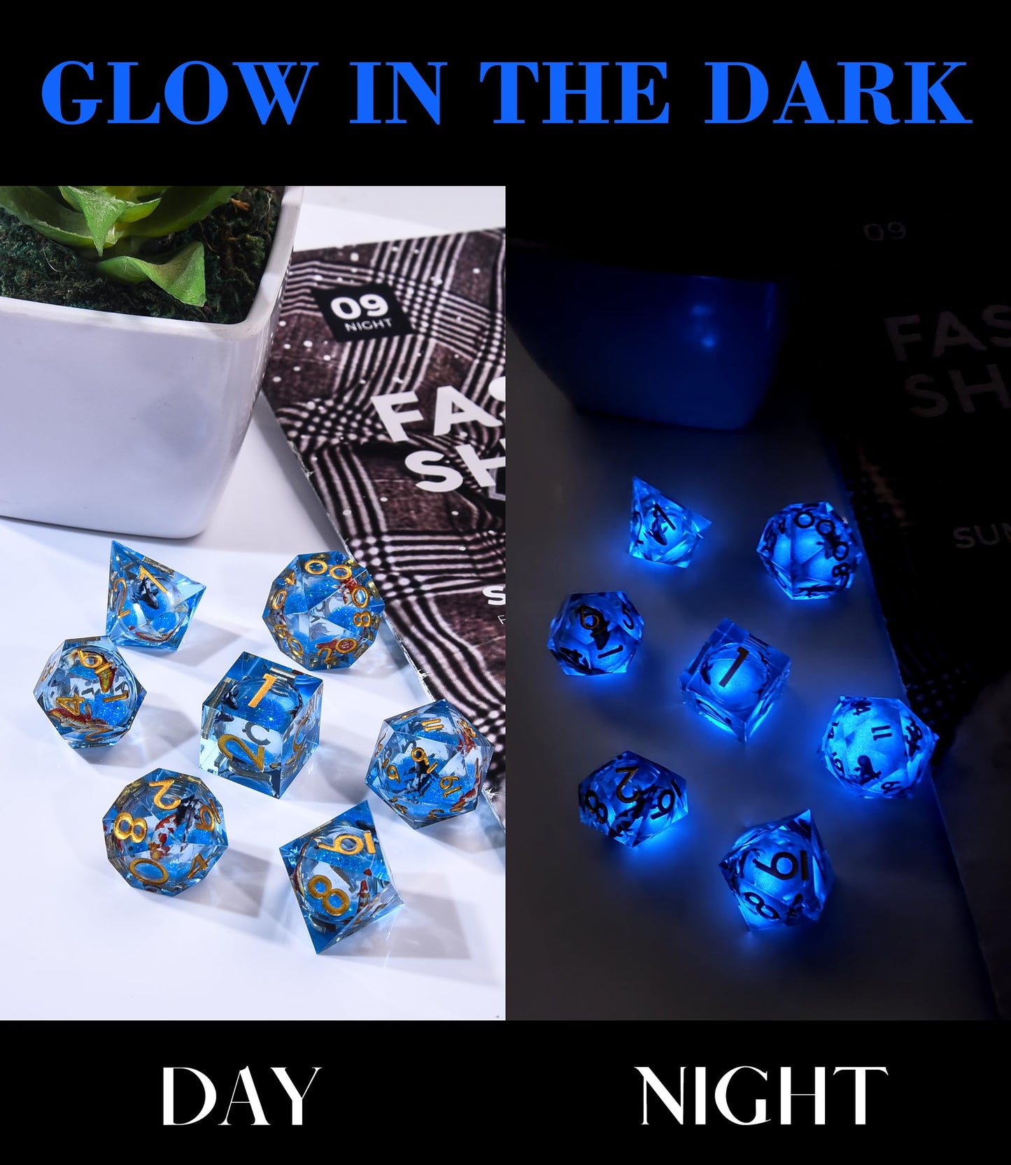 AUSTOR Liquid Core Koi Dice Set – Glow in the Dark Sharp Edge DND Polyhedral Dice (7 Die)