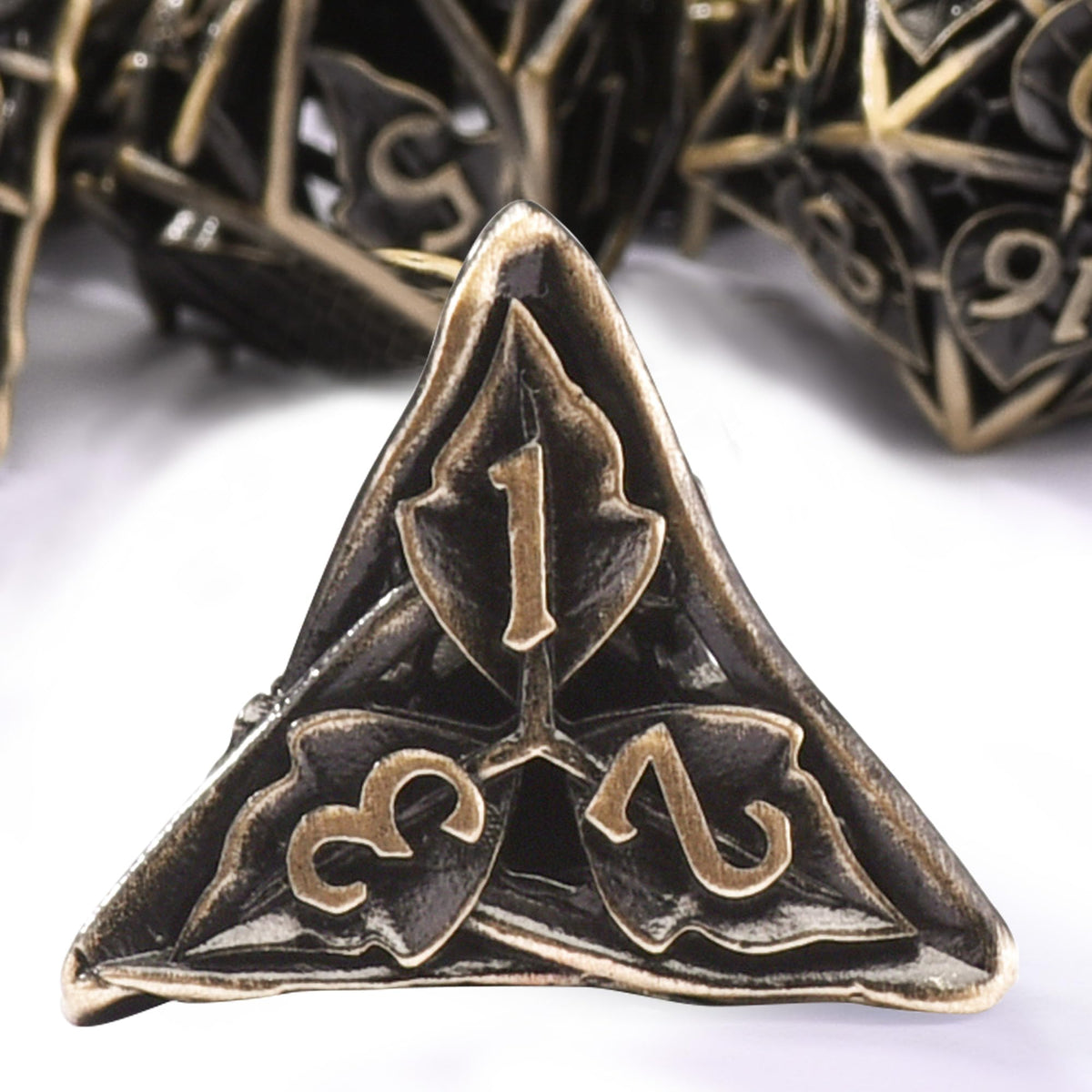 AUSTOR Metal DND Dice Set – 7-Piece Leaf Maple Hollow Polyhedral D20 D12 D10 D% D8 D6 D4 with Metal Box (Antique Bronze)