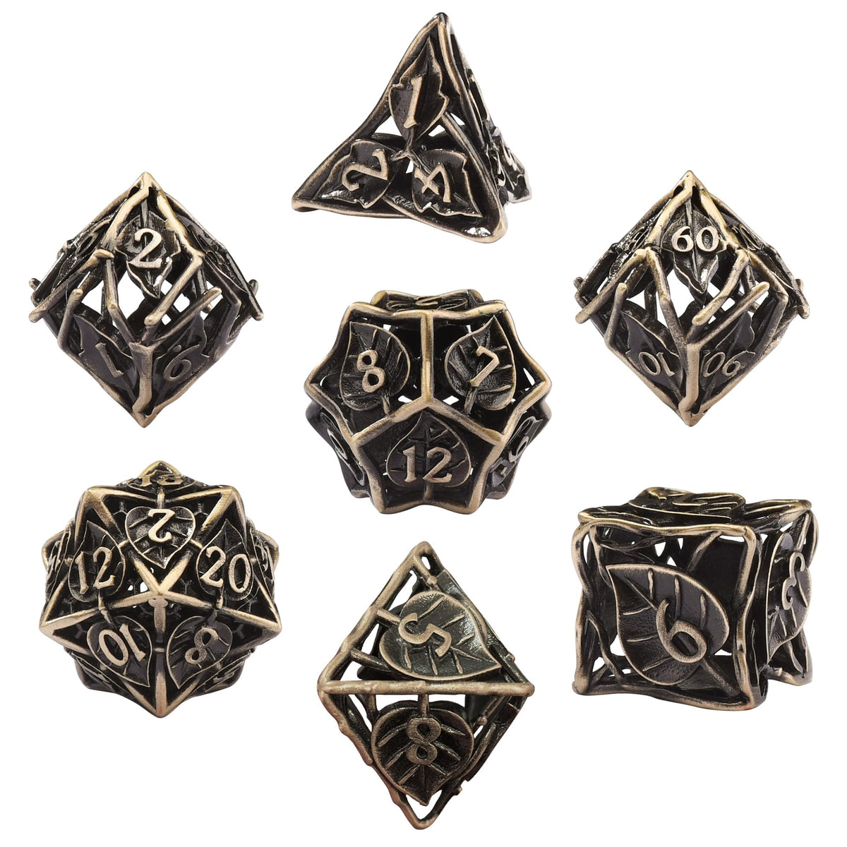 AUSTOR Metal DND Dice Set – 7-Piece Leaf Maple Hollow Polyhedral D20 D12 D10 D% D8 D6 D4 with Metal Box (Antique Bronze)
