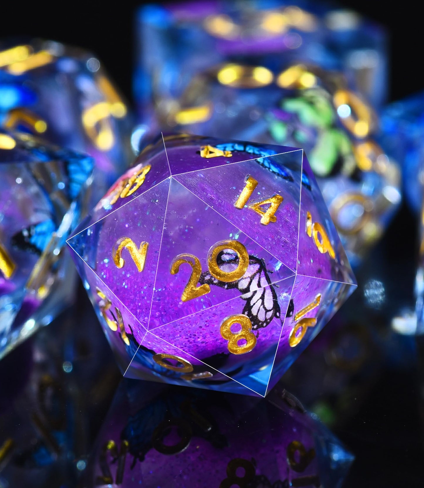 AUSTOR Liquid Core Butterfly Resin Glow Dice Set – 7-Die Sharp Edge Polyhedral for D&D & Tabletop Games