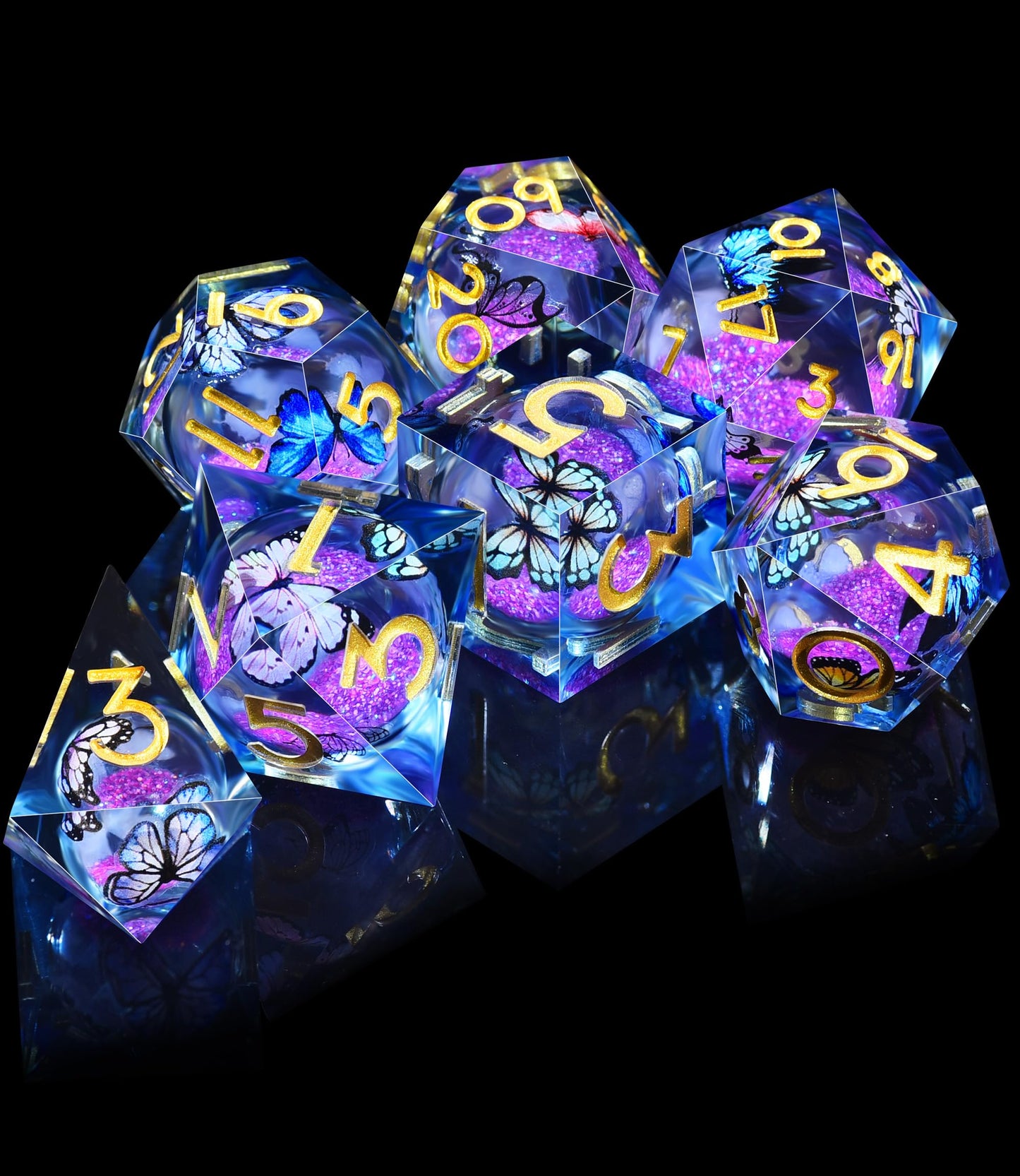 AUSTOR Liquid Core Butterfly Resin Glow Dice Set – 7-Die Sharp Edge Polyhedral for D&D & Tabletop Games