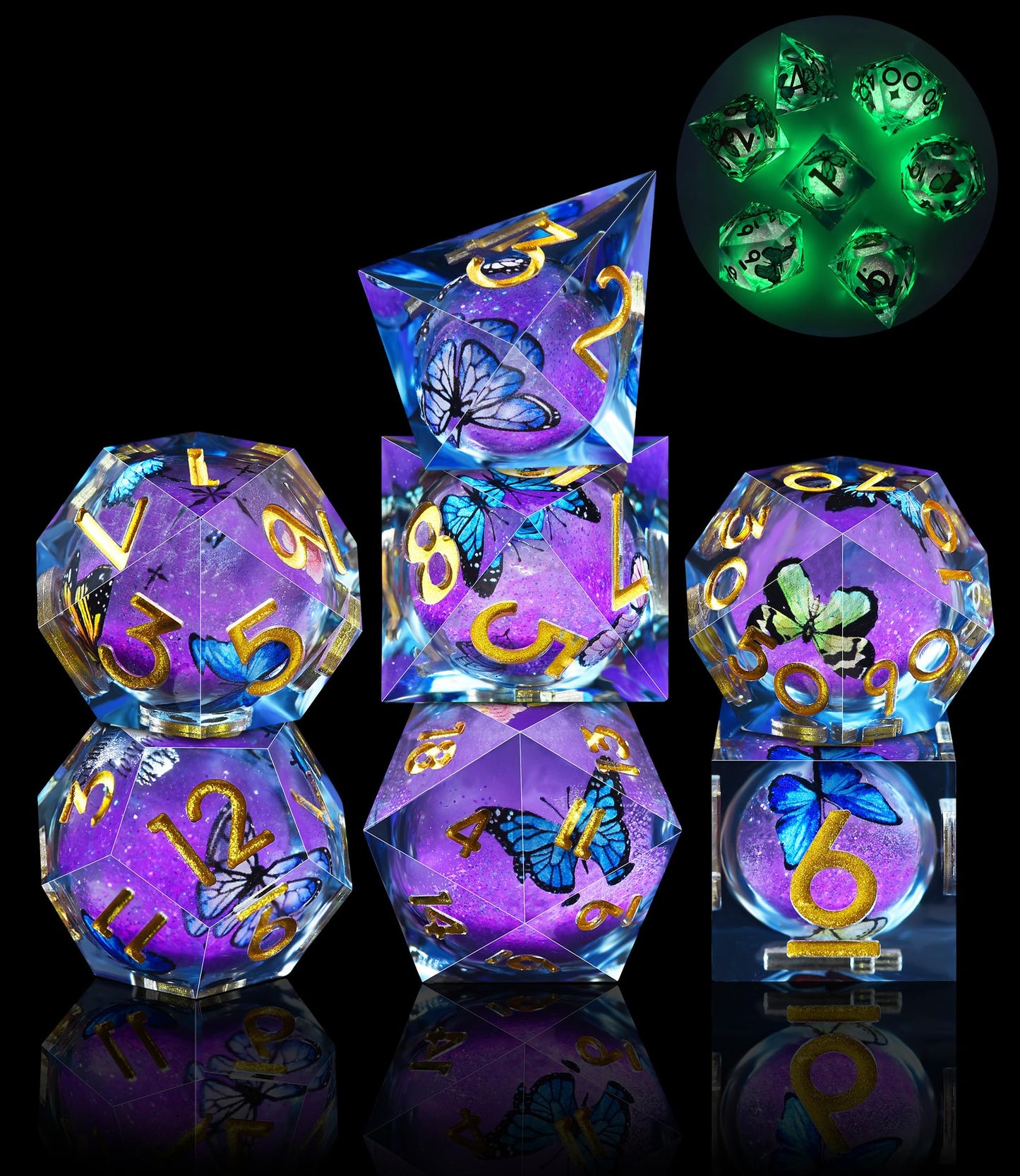 AUSTOR Liquid Core Butterfly Resin Glow Dice Set – 7-Die Sharp Edge Polyhedral for D&D & Tabletop Games