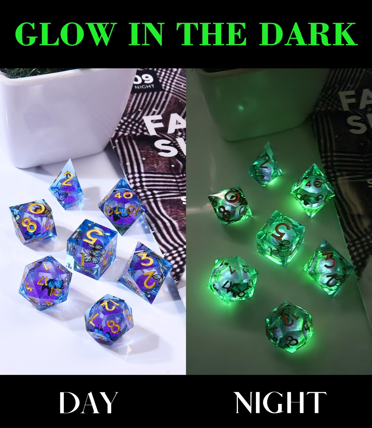 AUSTOR Liquid Core Butterfly Resin Glow Dice Set – 7-Die Sharp Edge Polyhedral for D&D & Tabletop Games