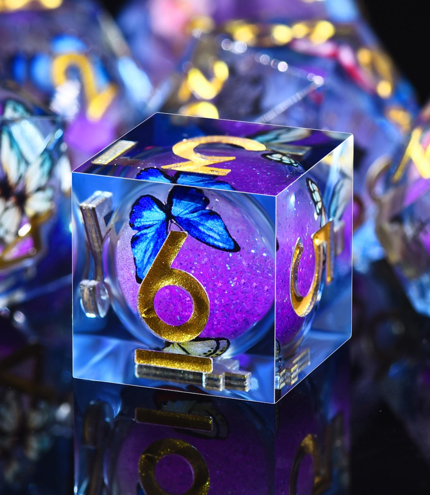 AUSTOR Liquid Core Butterfly Resin Glow Dice Set – 7-Die Sharp Edge Polyhedral for D&D & Tabletop Games