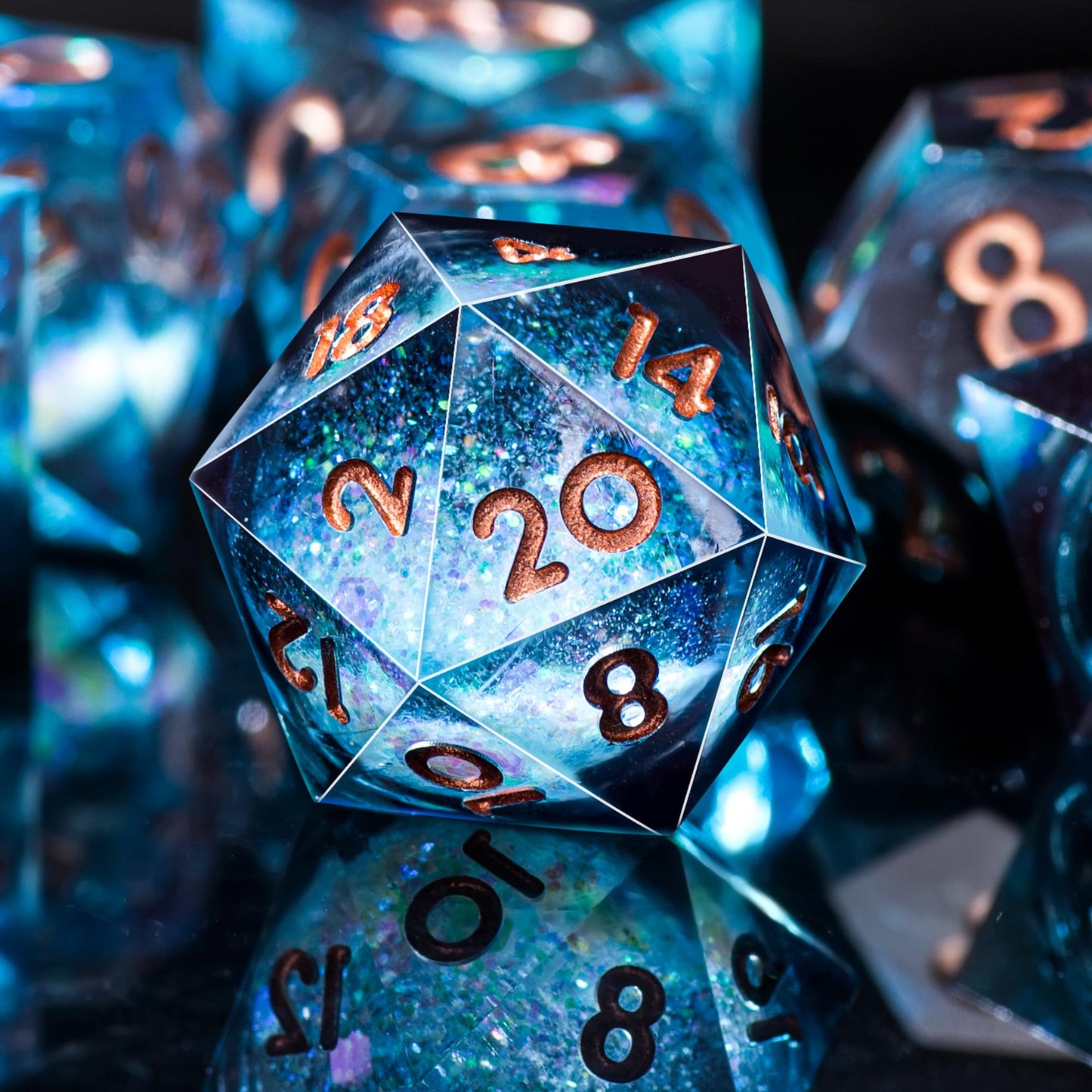 AUSTOR Liquid Core DND Dice Set — 7‑Die Sharp Edge Resin Dice with Quicksand Core (Blue/Black, Gold)