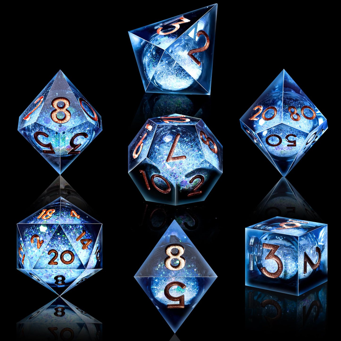 AUSTOR Liquid Core DND Dice Set — 7‑Die Sharp Edge Resin Dice with Quicksand Core (Blue/Black, Gold)