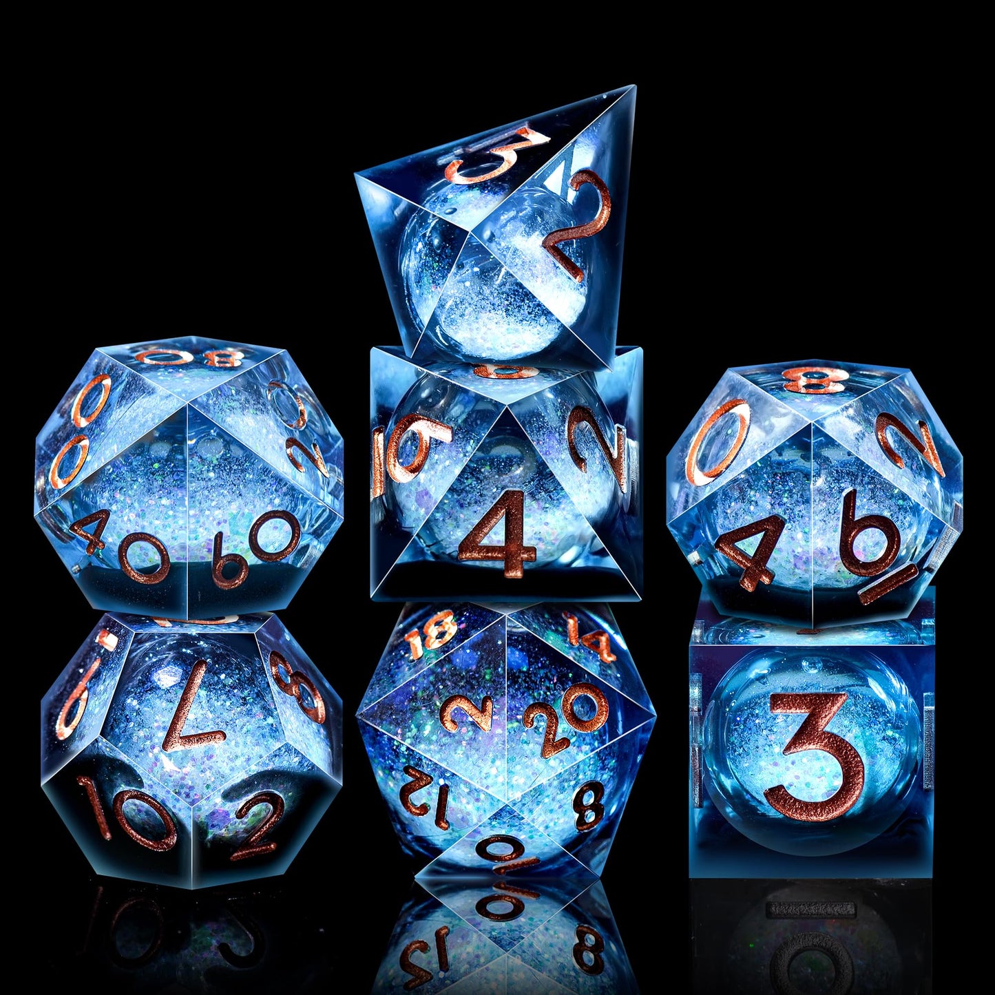 AUSTOR Liquid Core DND Dice Set — 7‑Die Sharp Edge Resin Dice with Quicksand Core (Blue/Black, Gold)
