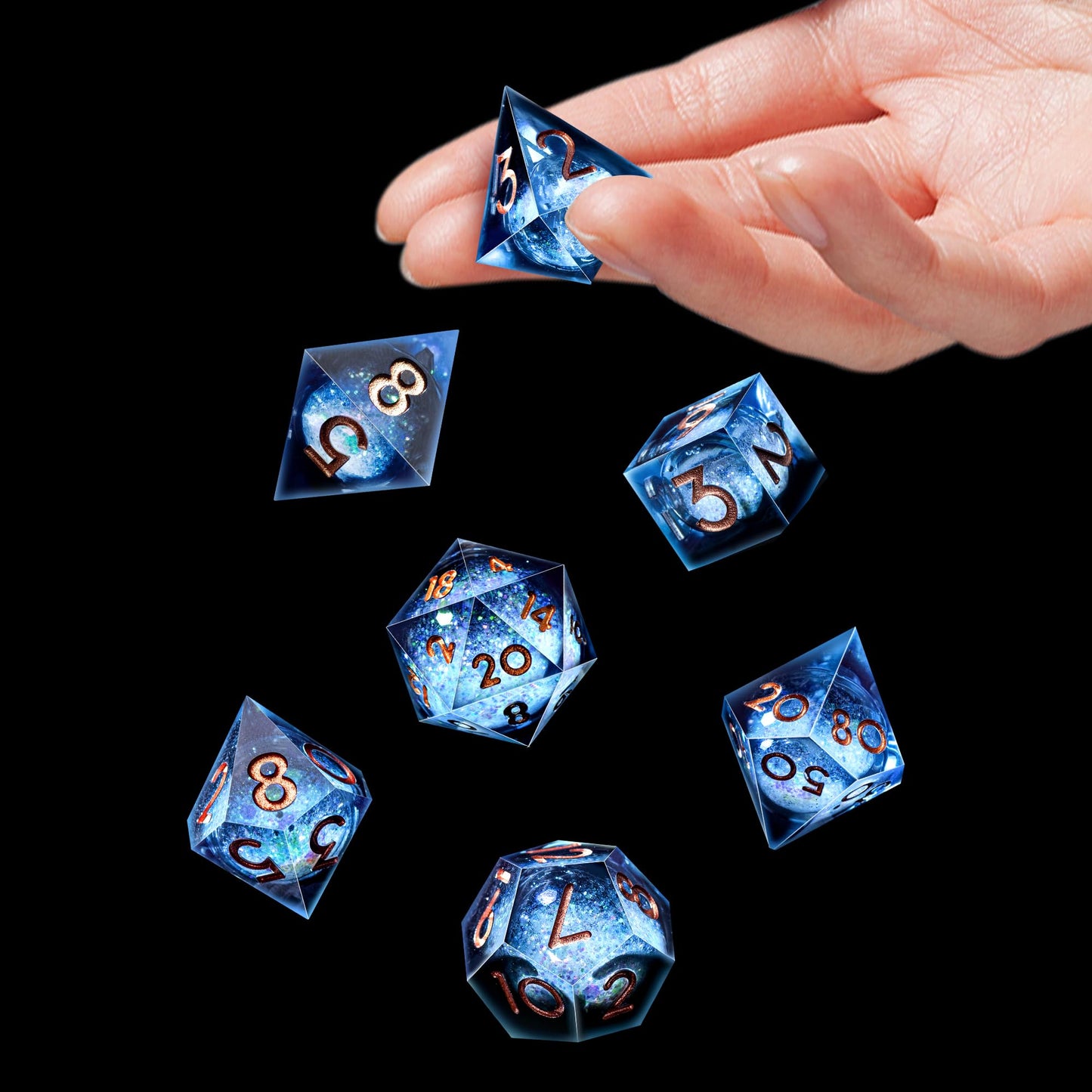 AUSTOR Liquid Core DND Dice Set — 7‑Die Sharp Edge Resin Dice with Quicksand Core (Blue/Black, Gold)
