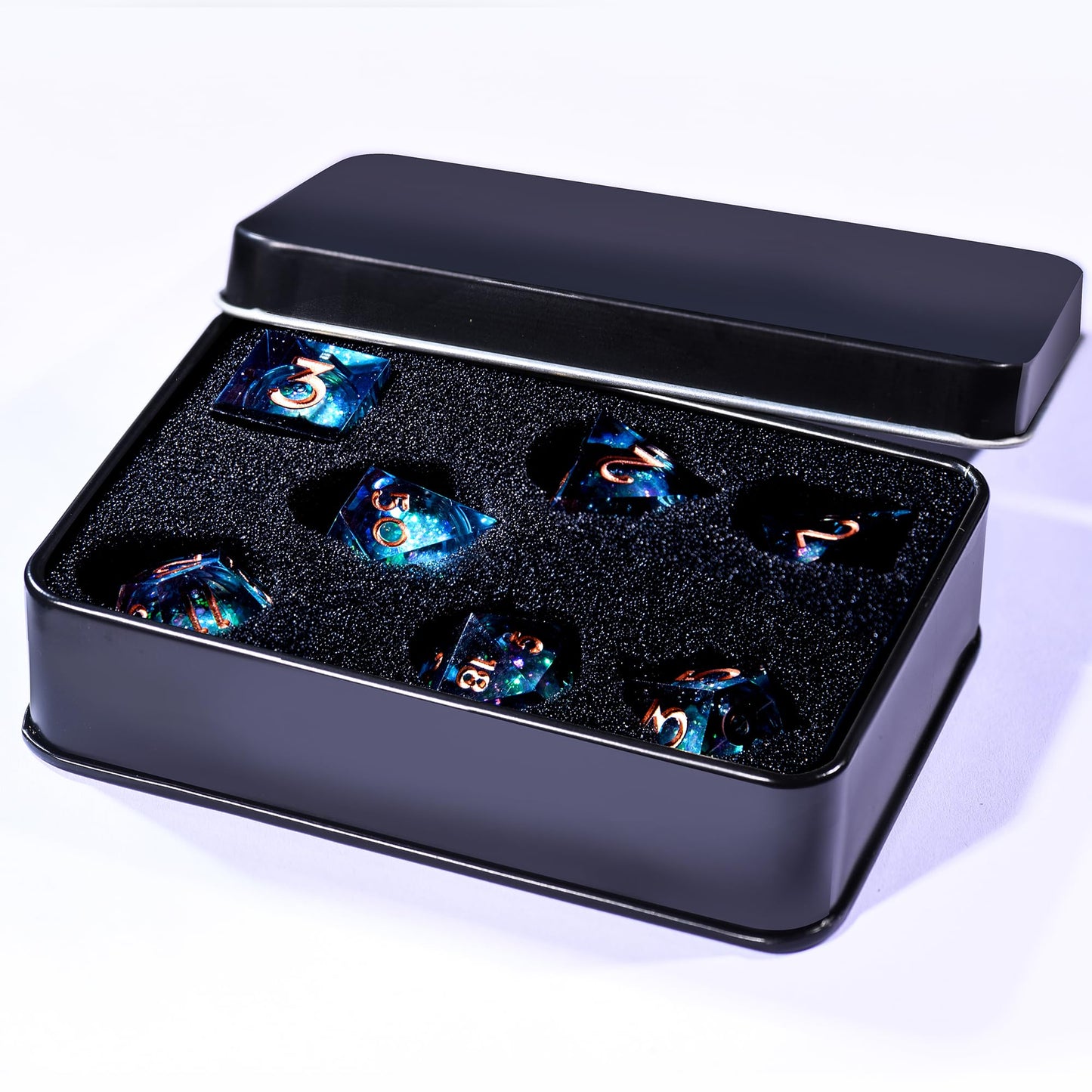 AUSTOR Liquid Core DND Dice Set — 7‑Die Sharp Edge Resin Dice with Quicksand Core (Blue/Black, Gold)