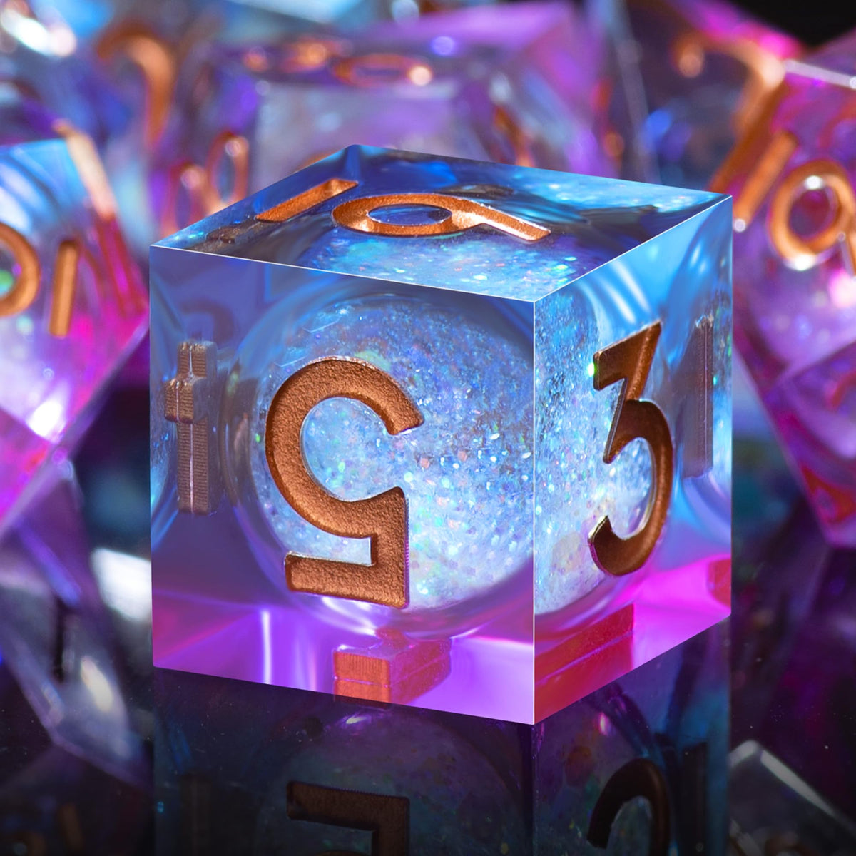 AUSTOR Liquid Core DND Dice Set – 7 Die Sharp Edge Polyhedral Dice (Blue & Violet, Gold)