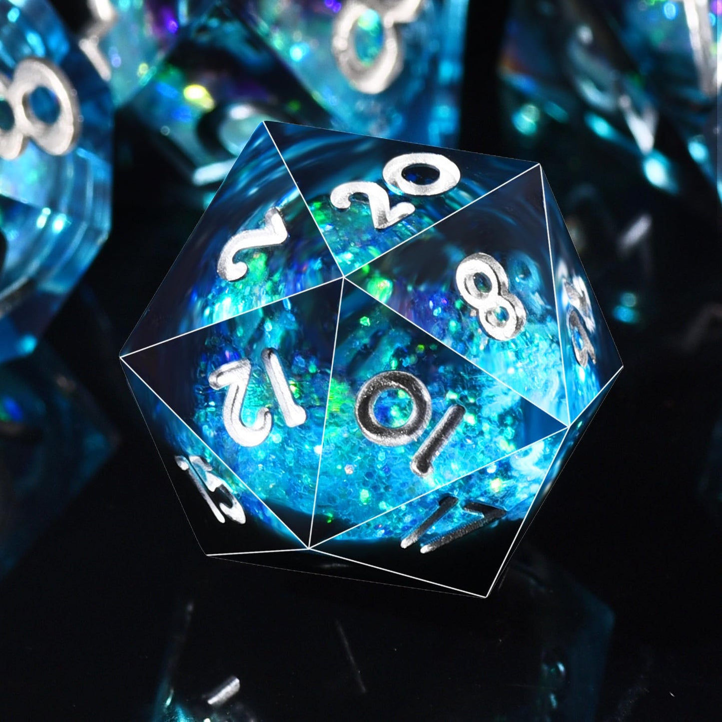 AUSTOR Liquid Core DND Dice Set – 7 Die Sharp Edge Resin Dice with Quicksand Visuals (Blue & Black)