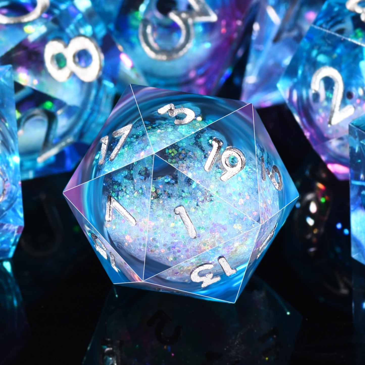 AUSTOR Liquid Core DND Dice Set – 7-Die Sharp Edge Resin Dice (Blue & Violet) for D&D & Tabletop Games