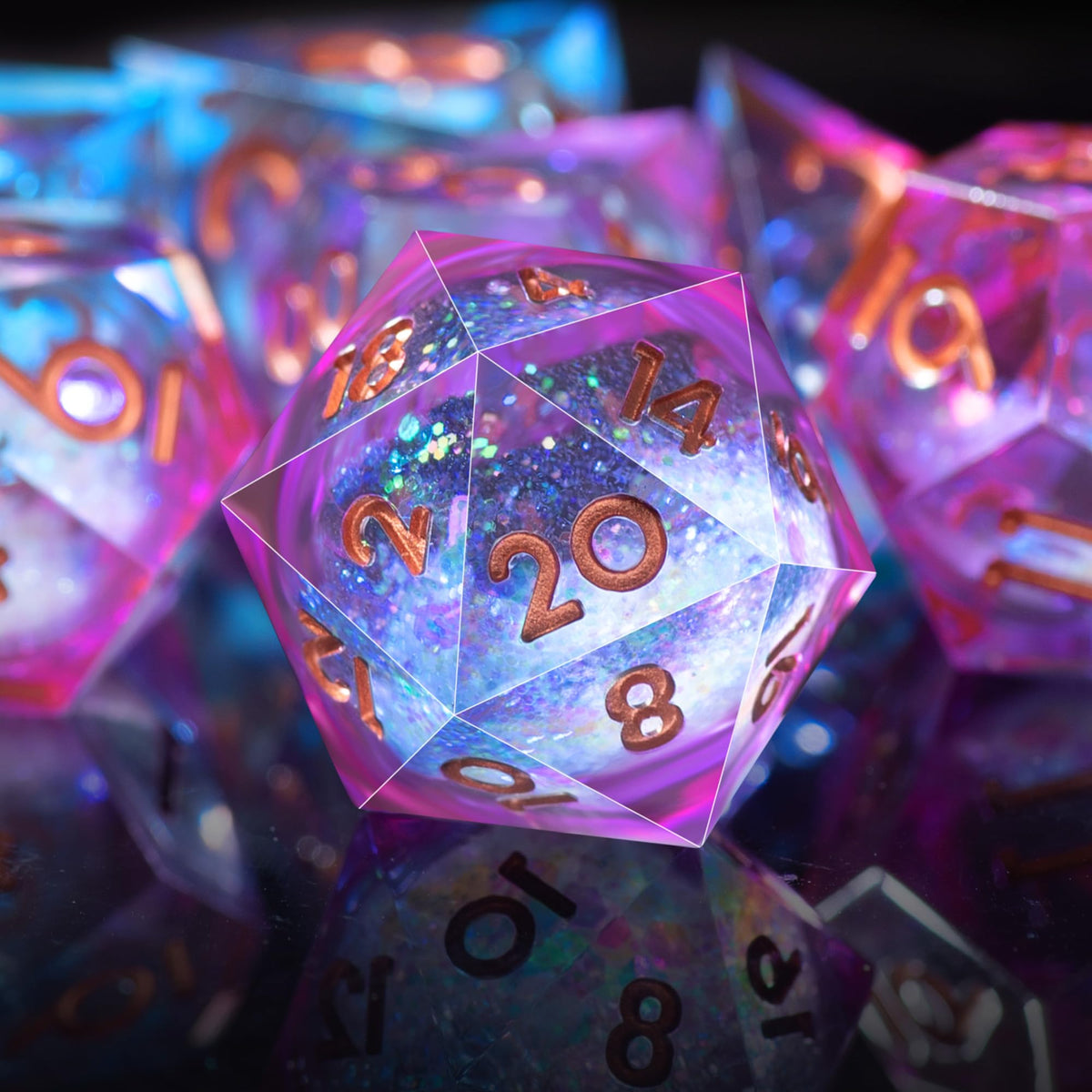 AUSTOR Liquid Core DND Dice Set – 7 Die Sharp Edge Polyhedral Dice (Blue & Violet, Gold)
