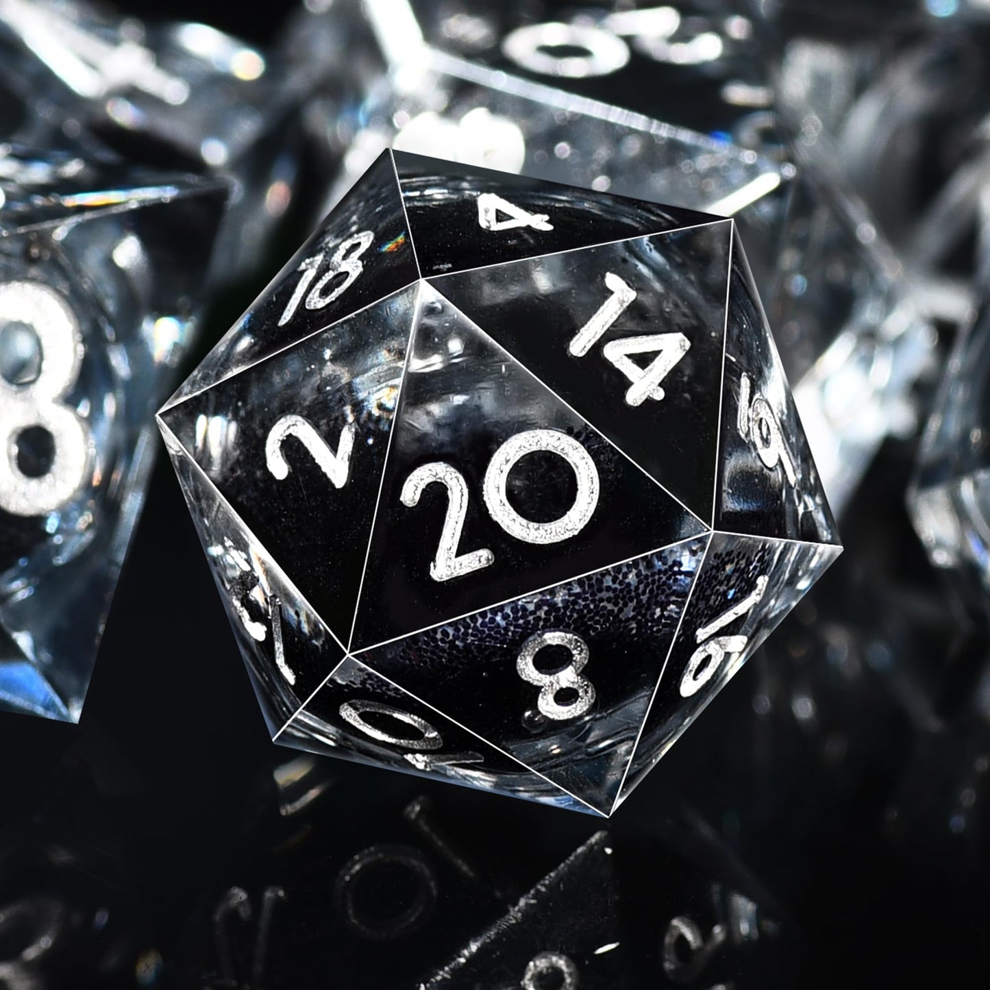 AUSTOR Liquid Core DND Dice Set – 7 Die Sharp Edge Resin with Quicksand, Black & Silver