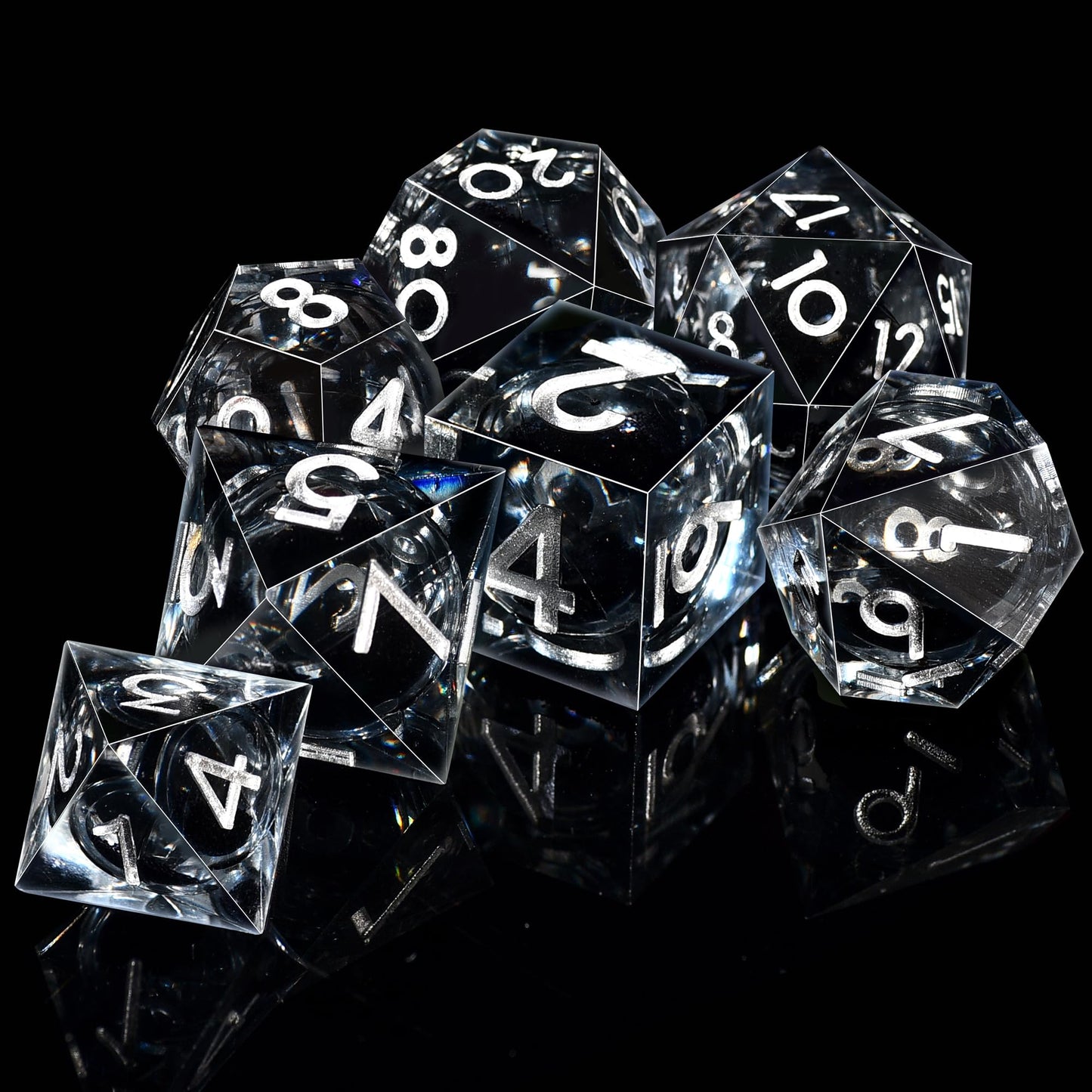 AUSTOR Liquid Core DND Dice Set – 7 Die Sharp Edge Resin with Quicksand, Black & Silver