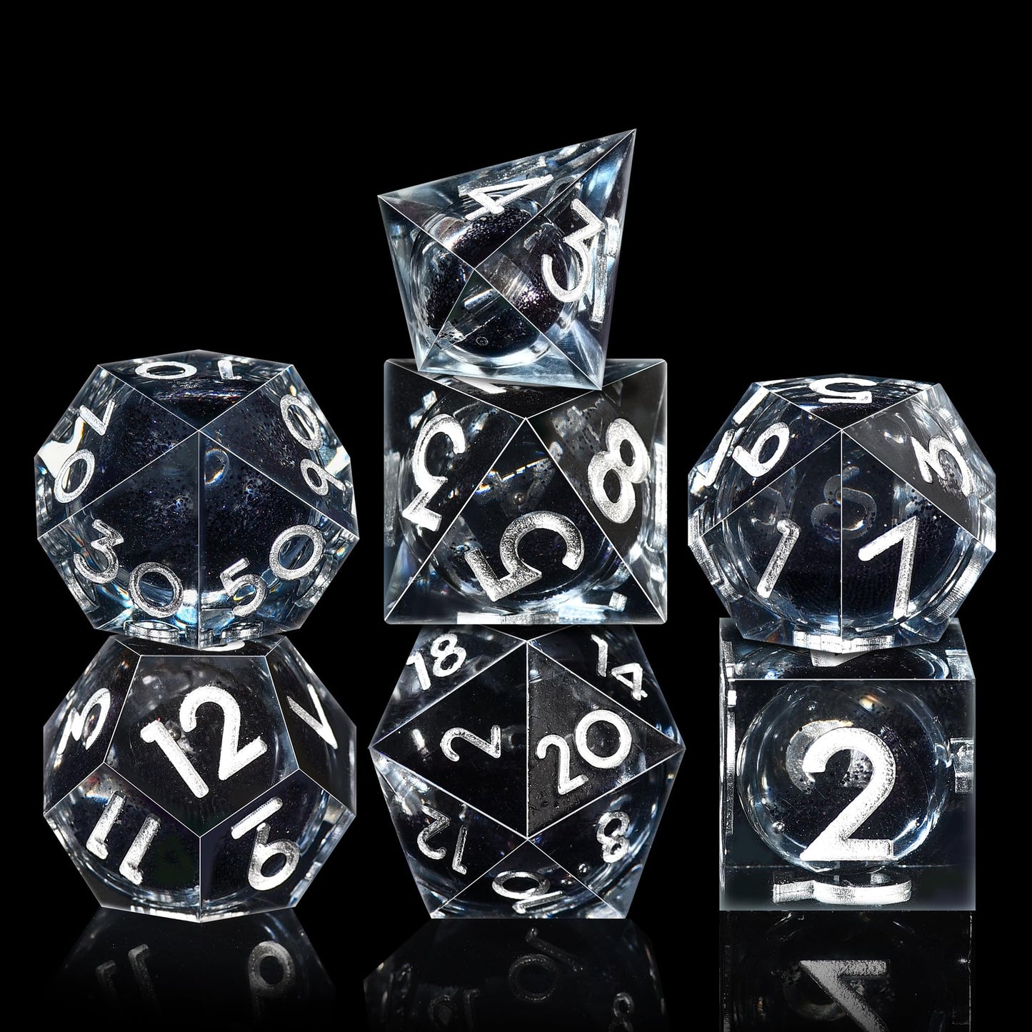 AUSTOR Liquid Core DND Dice Set – 7 Die Sharp Edge Resin with Quicksand, Black & Silver