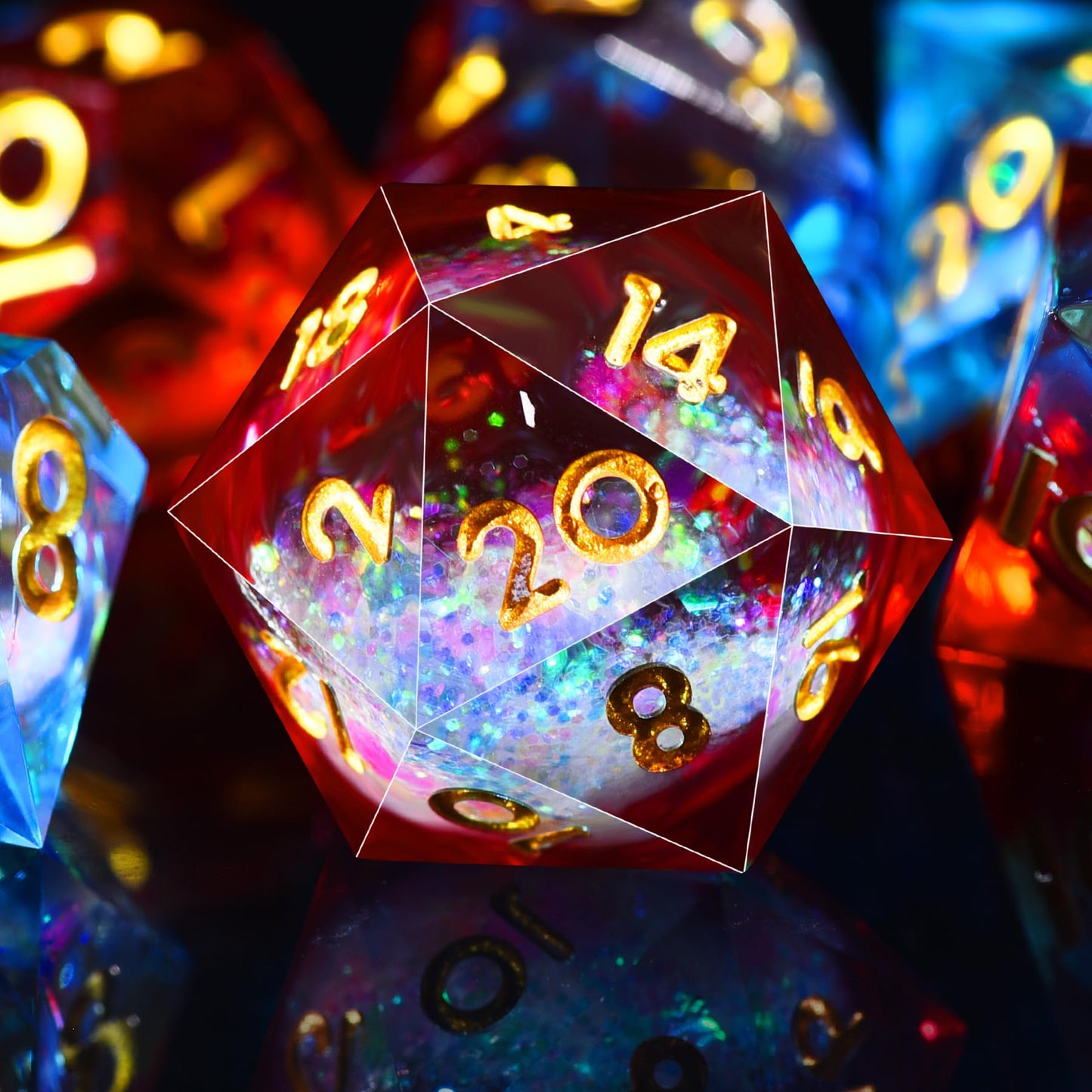 AUSTOR Liquid Core DND Dice – 7‑Die Sharp Edge Resin Set, Quicksand Core, Flame Red & Ice Blue