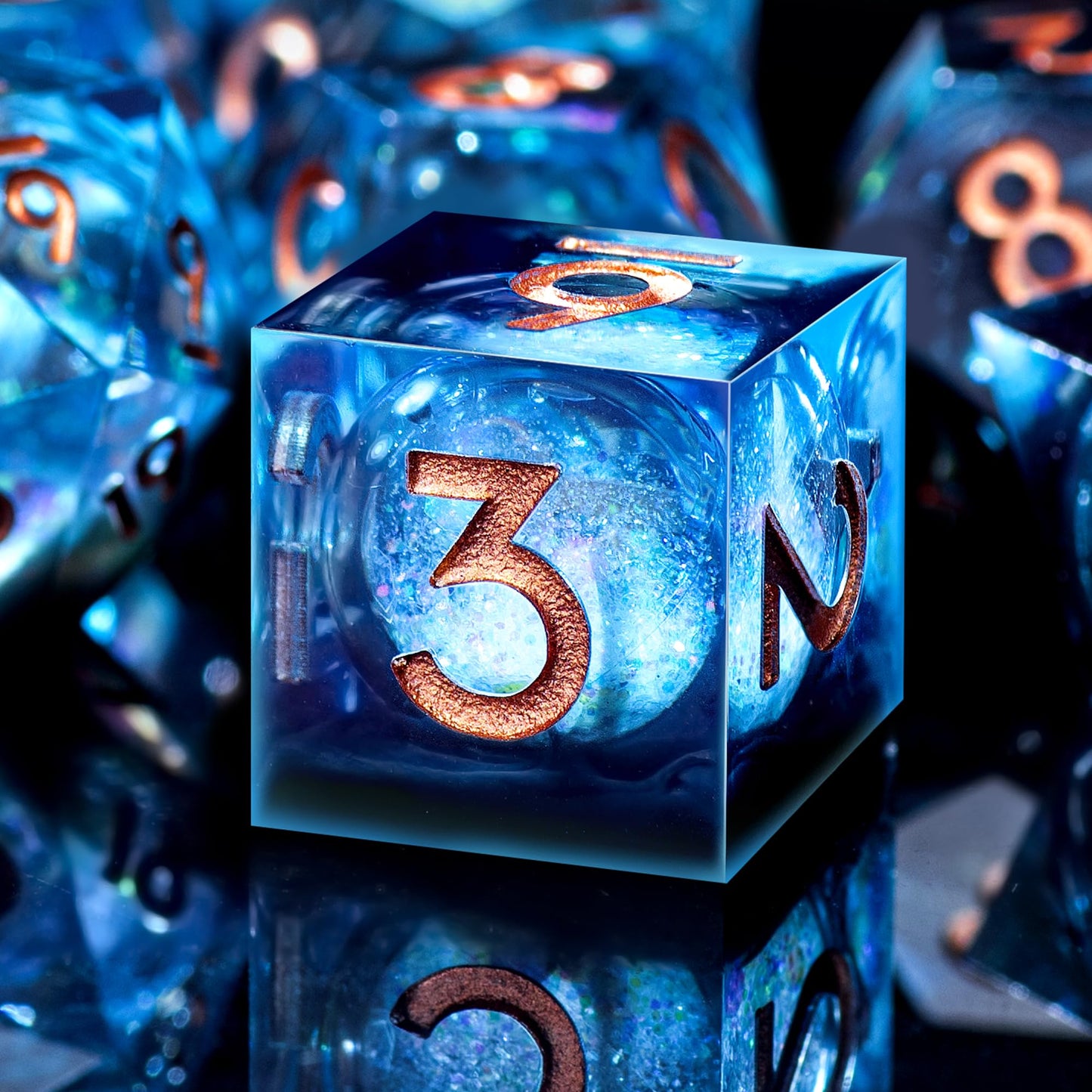 AUSTOR Liquid Core DND Dice Set — 7‑Die Sharp Edge Resin Dice with Quicksand Core (Blue/Black, Gold)