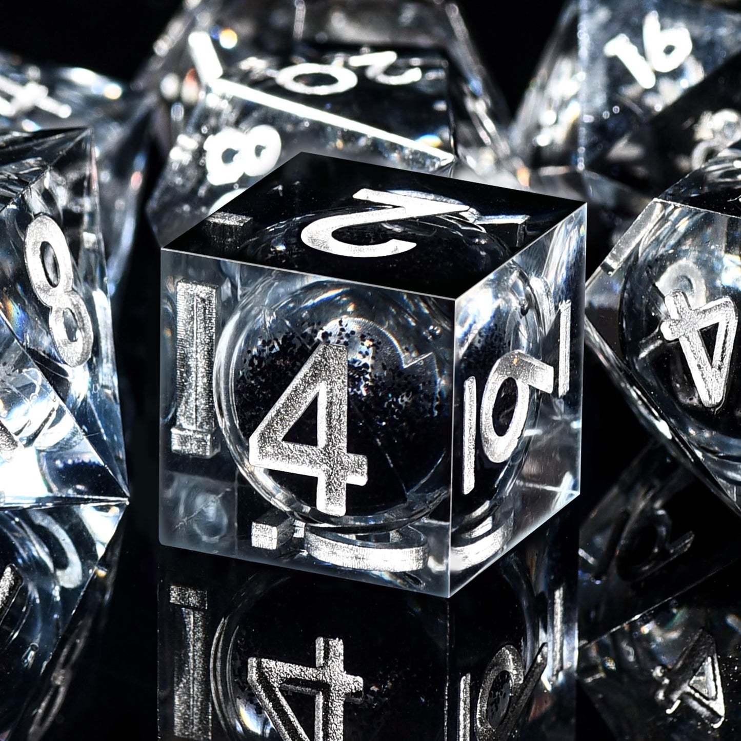 AUSTOR Liquid Core DND Dice Set – 7 Die Sharp Edge Resin with Quicksand, Black & Silver