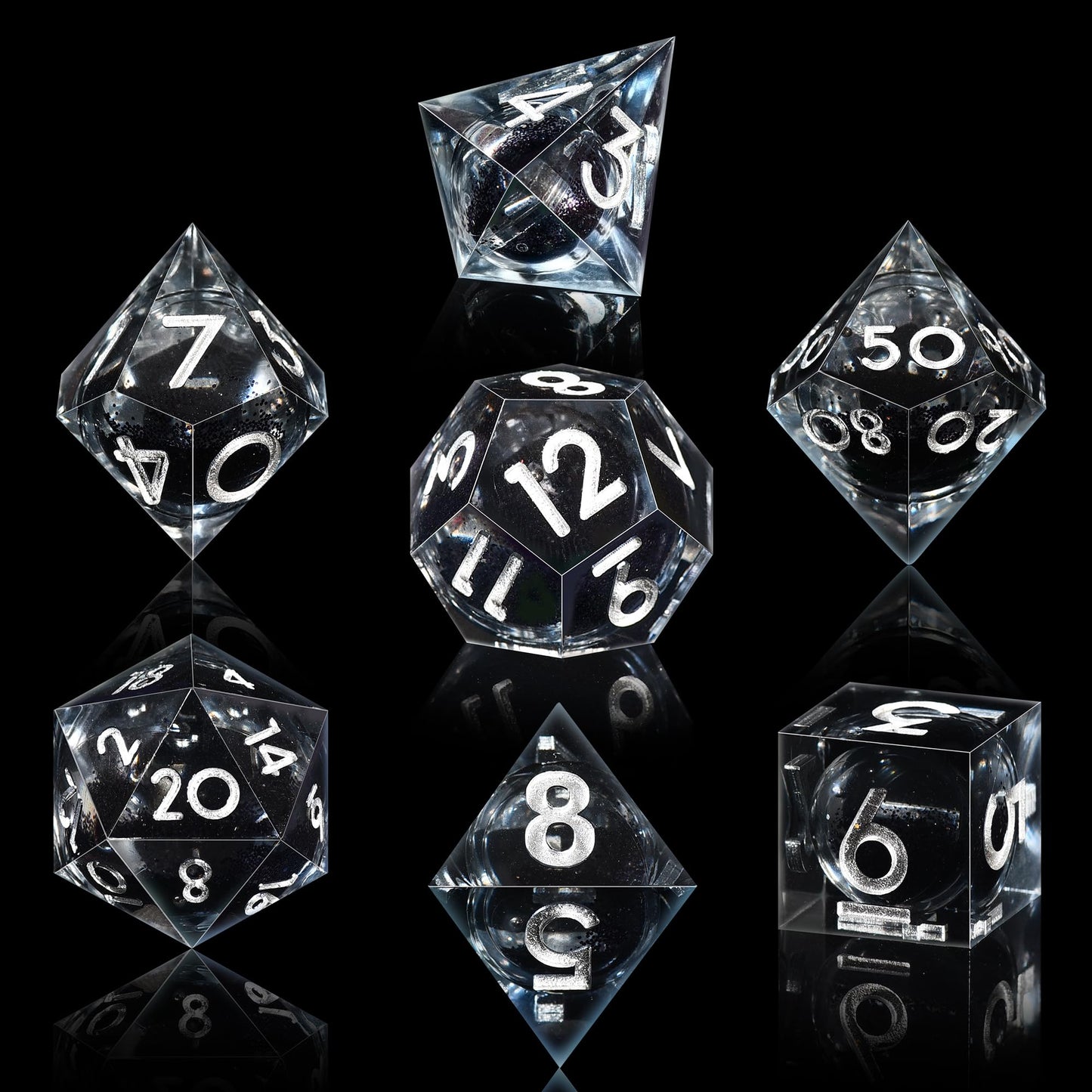 AUSTOR Liquid Core DND Dice Set – 7 Die Sharp Edge Resin with Quicksand, Black & Silver