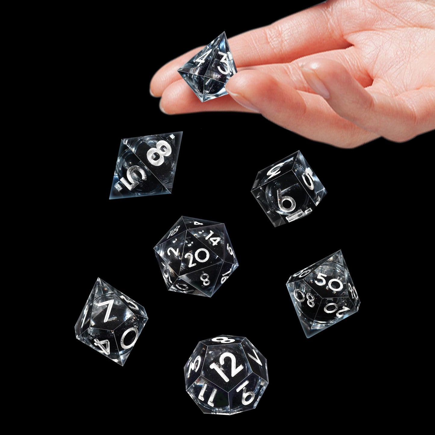 AUSTOR Liquid Core DND Dice Set – 7 Die Sharp Edge Resin with Quicksand, Black & Silver