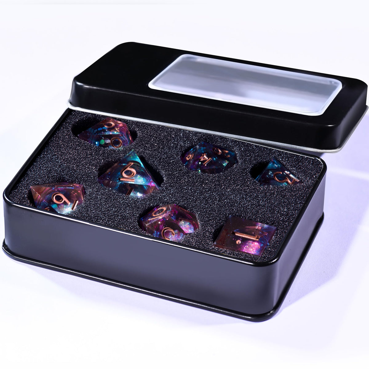 AUSTOR Liquid Core DND Dice Set – 7 Die Sharp Edge Polyhedral Dice (Blue & Violet, Gold)