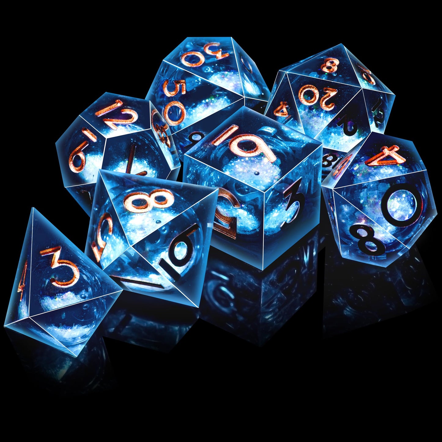 AUSTOR Liquid Core DND Dice Set — 7‑Die Sharp Edge Resin Dice with Quicksand Core (Blue/Black, Gold)