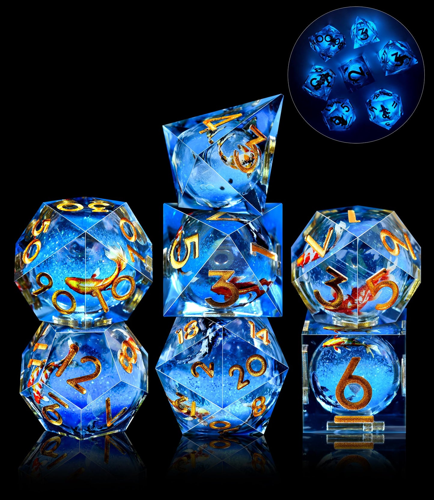 AUSTOR Liquid Core Koi Dice Set – Glow in the Dark Sharp Edge DND Polyhedral Dice (7 Die)