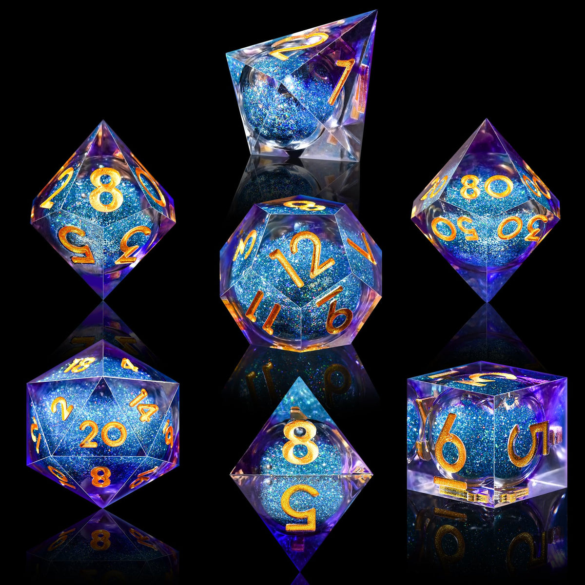 AUSTOR Liquid Core DND Dice Set – 7-Piece Sharp Edge Resin Dice, Violet & Blue