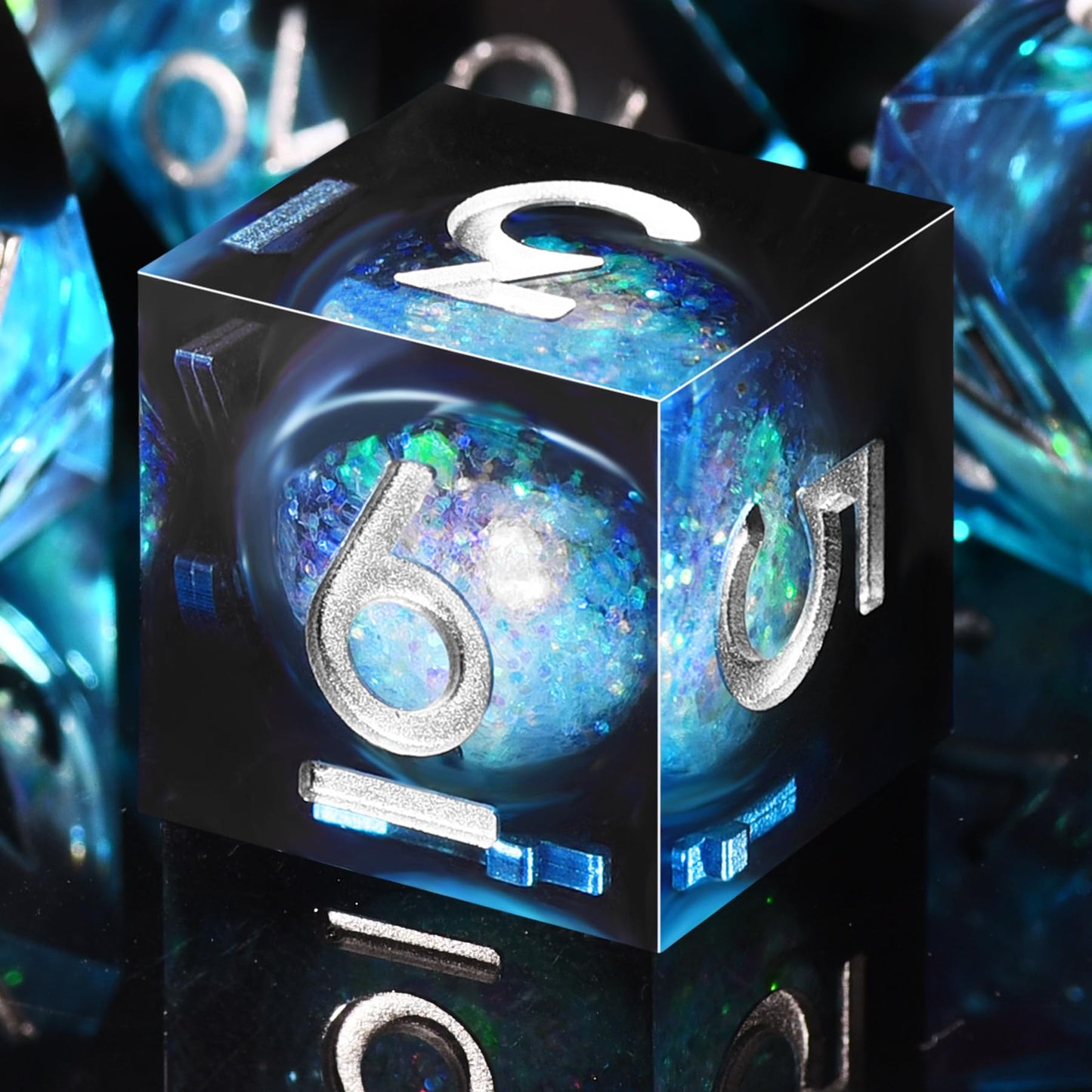 AUSTOR Liquid Core DND Dice Set – 7 Die Sharp Edge Resin Dice with Quicksand Visuals (Blue & Black)