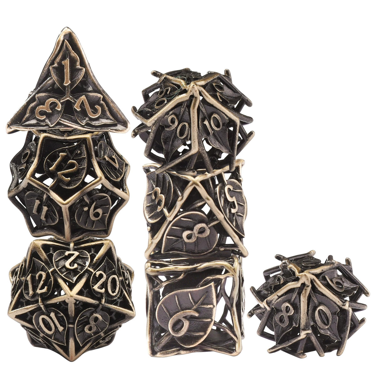 AUSTOR Metal DND Dice Set – 7-Piece Leaf Maple Hollow Polyhedral D20 D12 D10 D% D8 D6 D4 with Metal Box (Antique Bronze)