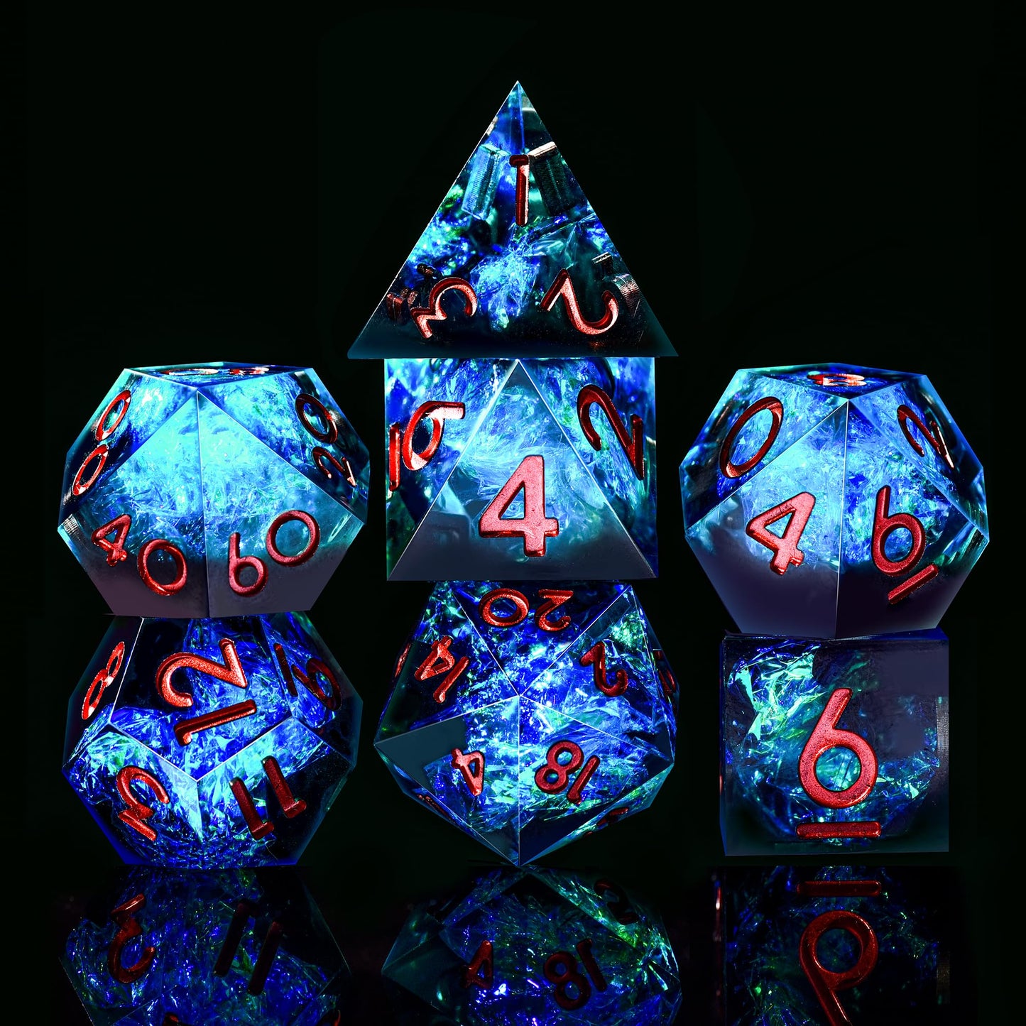 AUSTOR 7-Die DND Dice Set - Handmade Sharp Edge Polyhedral Dice for D&D, MTG | Black & Blue