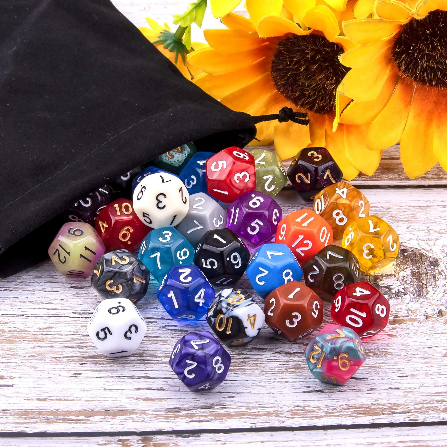 AUSTOR 35-Piece 12-Sided Dice Set – Mixed Colors with Black Velvet Pouch for DND, RPG, MTG