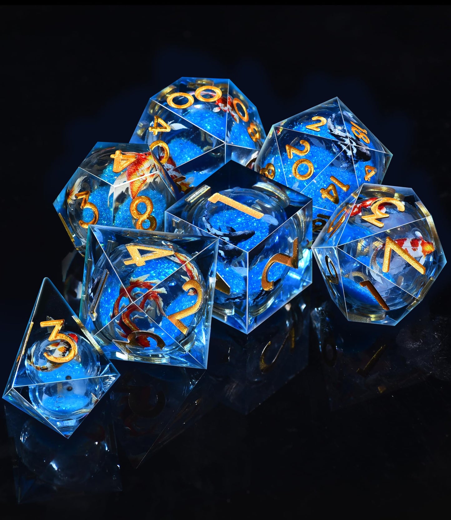 AUSTOR Liquid Core Koi Dice Set – Glow in the Dark Sharp Edge DND Polyhedral Dice (7 Die)