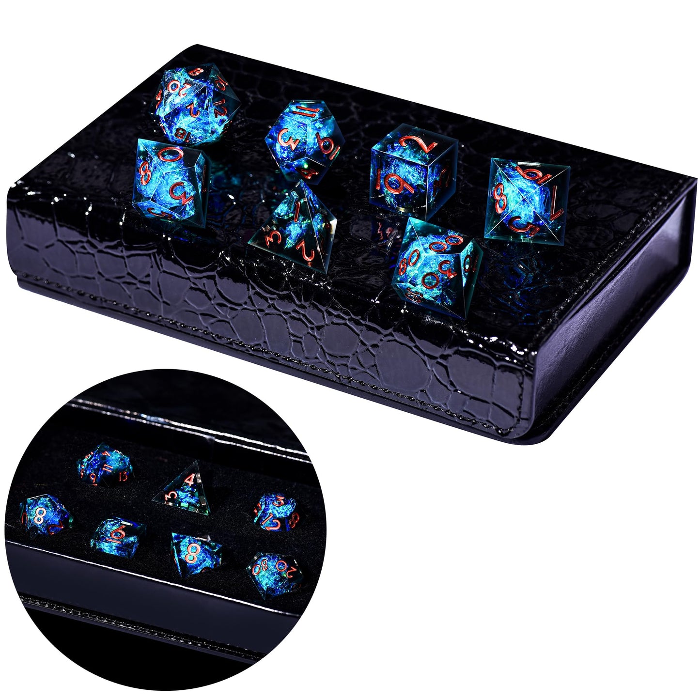 AUSTOR 7-Die DND Dice Set - Handmade Sharp Edge Polyhedral Dice for D&D, MTG | Black & Blue