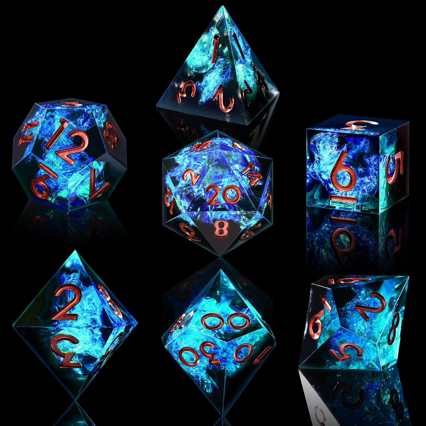AUSTOR 7-Die DND Dice Set - Handmade Sharp Edge Polyhedral Dice for D&D, MTG | Black & Blue