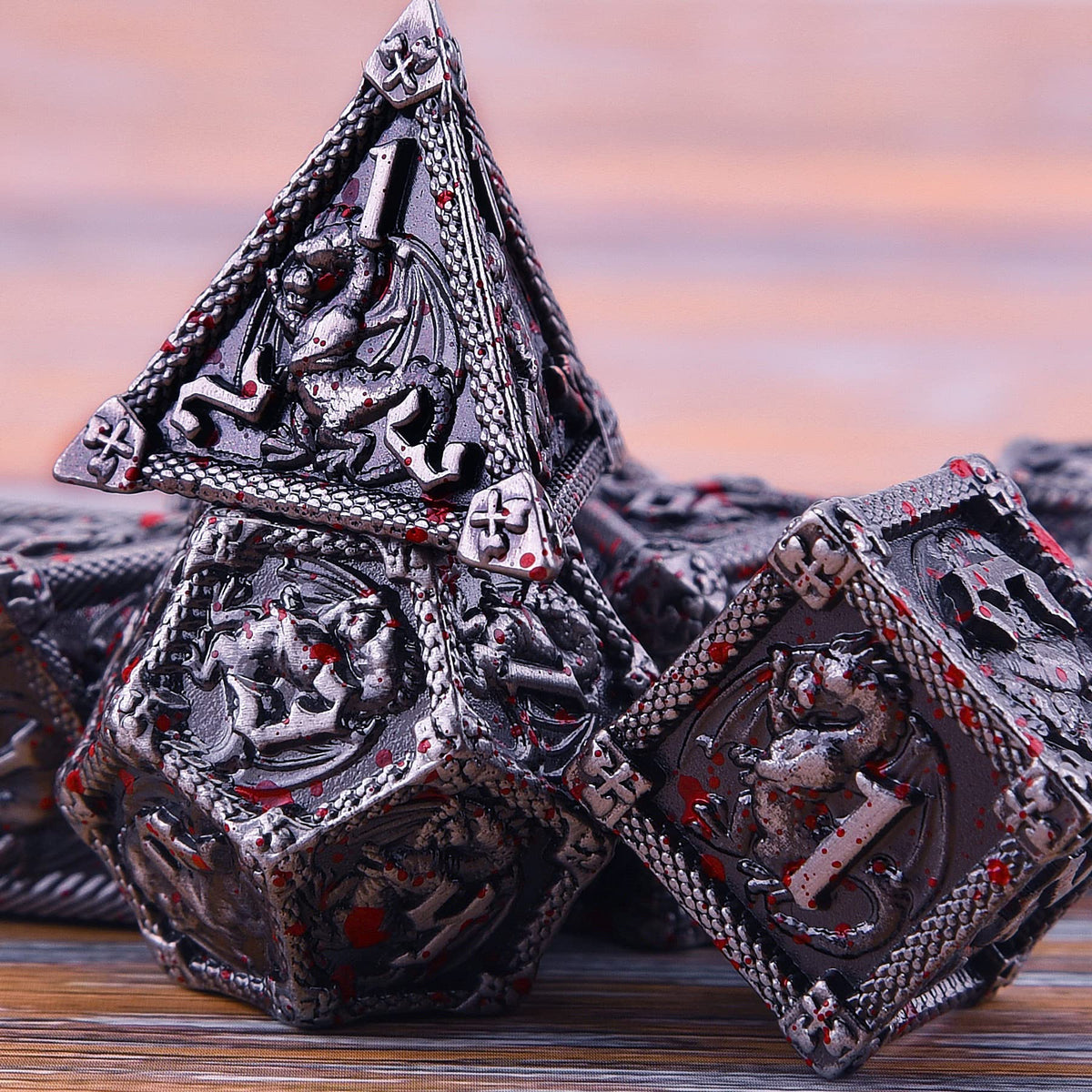 AUSTOR 7-Die Metal DND Dice Set with Box – Dragon-Themed Zinc Alloy RPG Dice