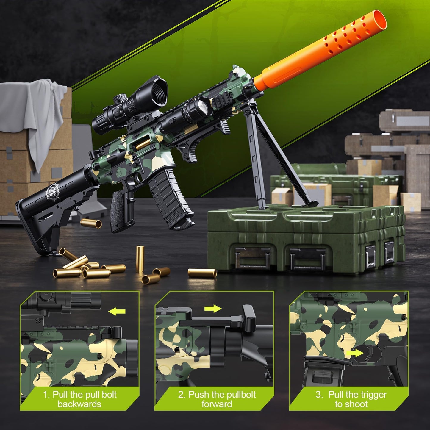 Austraes Toy Gun with Soft Bullets – Shell-Ejecting Foam Blaster, 60 Bullets, Green