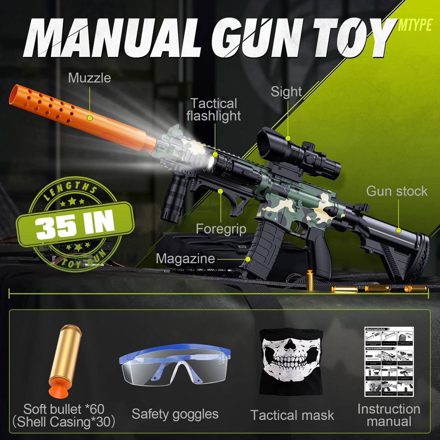 Austraes Toy Gun with Soft Bullets – Shell-Ejecting Foam Blaster, 60 Bullets, Green