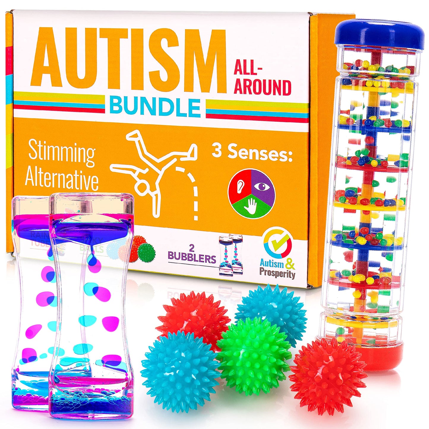 Autism & Prosperity All-Around Sensory Toy Bundle – Rainmaker, Bubbler & Spiky Balls for ASD Kids