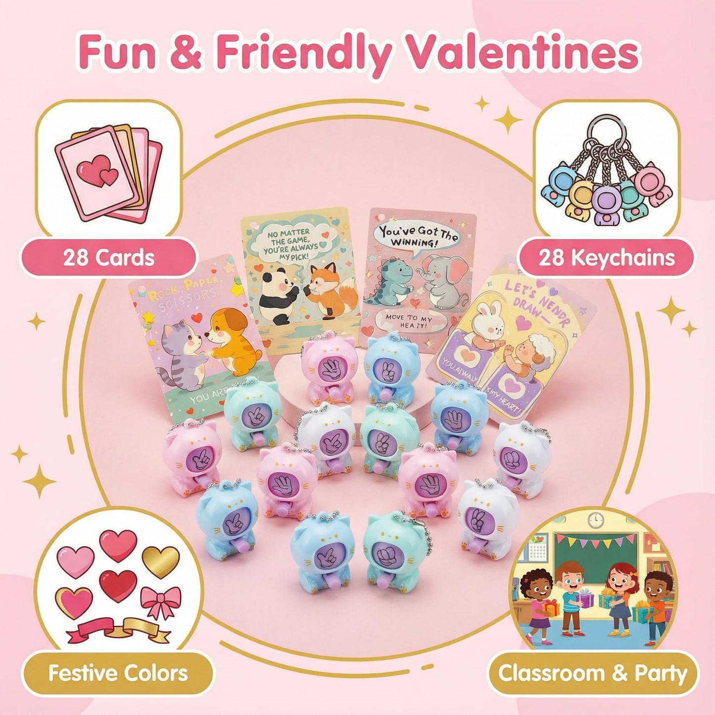 AUUGUU 28 Valentines Day Cards with Rock Paper Scissors Cat Keychains – Classroom Exchange Gift Set