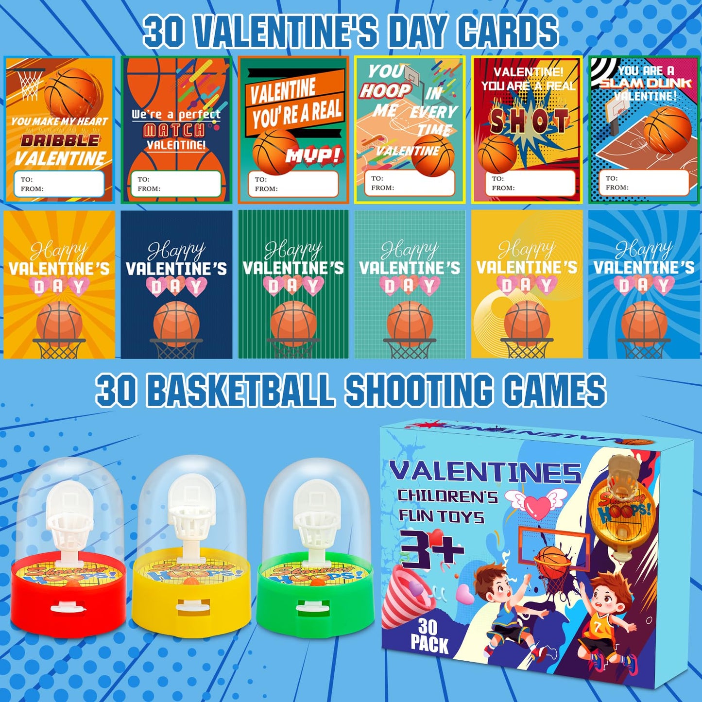 AUUGUU 30 Valentine Cards with Mini Basketball Games – Classroom Gift Set for Kids