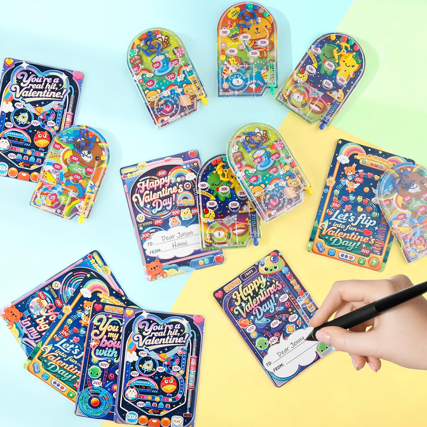 AUUGUU 28 Valentines Day Pinball Cards - Handheld Arcade Toys for Classrooms