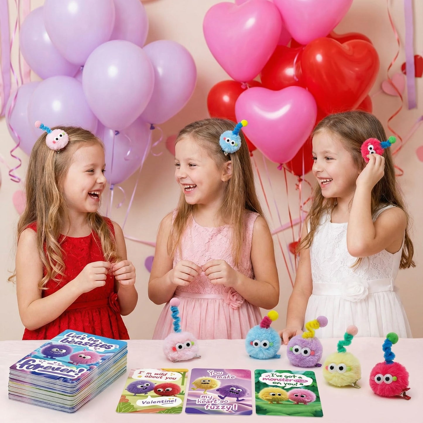 AUUGUU 30 Valentine Cards with Monster Hair Clips – Classroom Gift Set for Kids