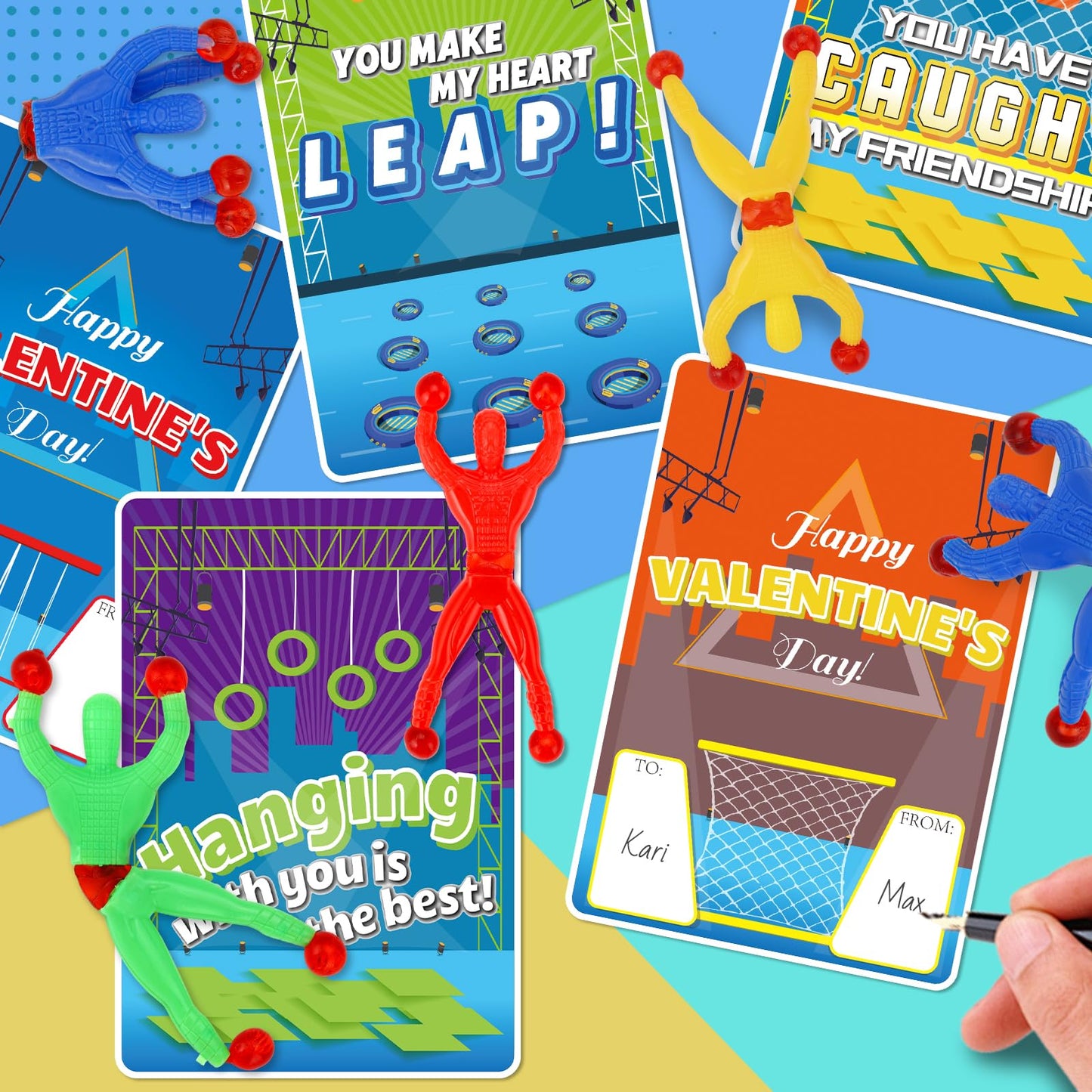 AUUGUU Valentines Day Cards for Kids + 28 Ninja Sticky Men – Classroom Gifts & Party Favors